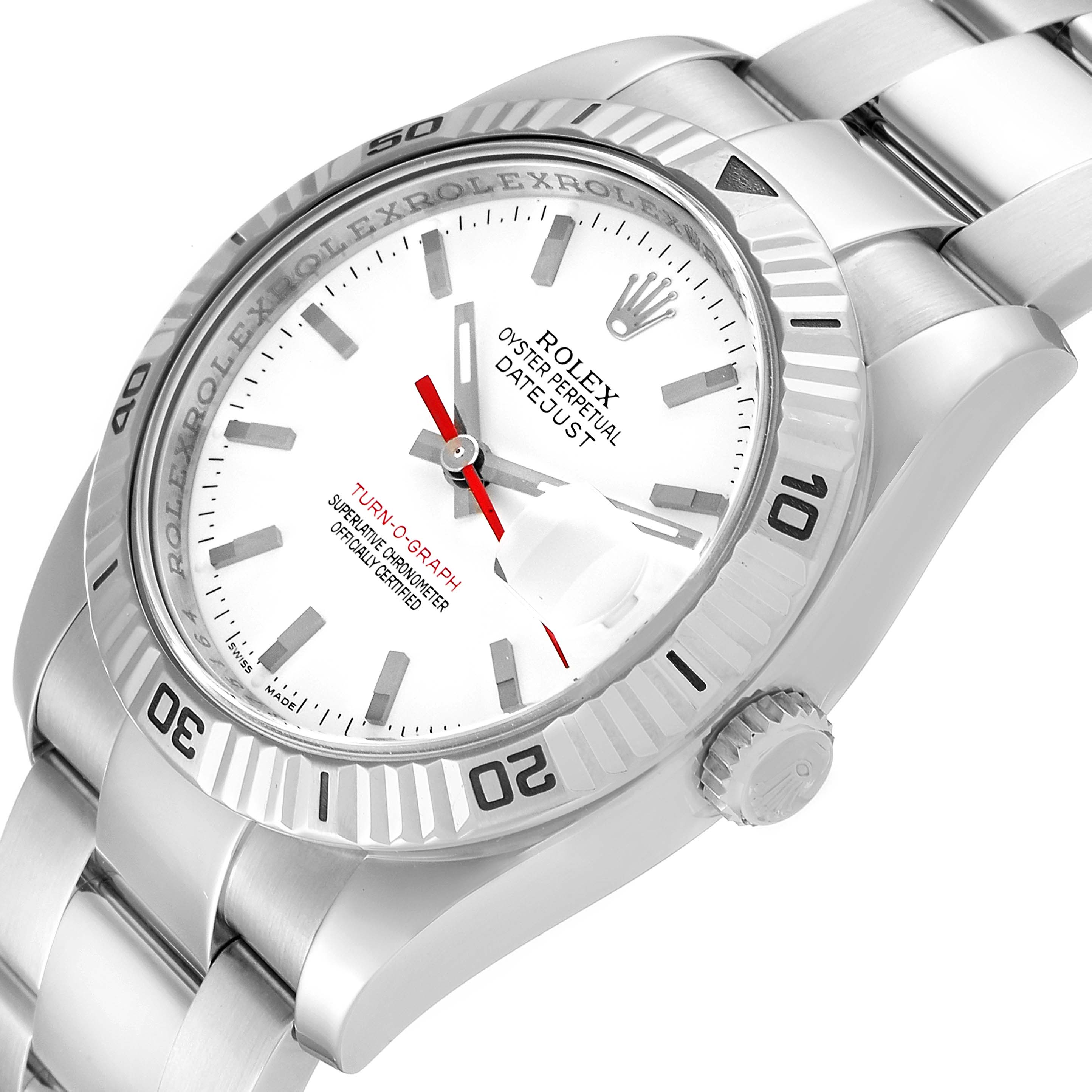 This image shows a close-up angle of the Rolex Turn-o-Graph 116264 Men's Stainless Steel White Dial 116264 Men's Stainless Steel White Dial model, featuring its dial, bezel, and part of its bracelet.