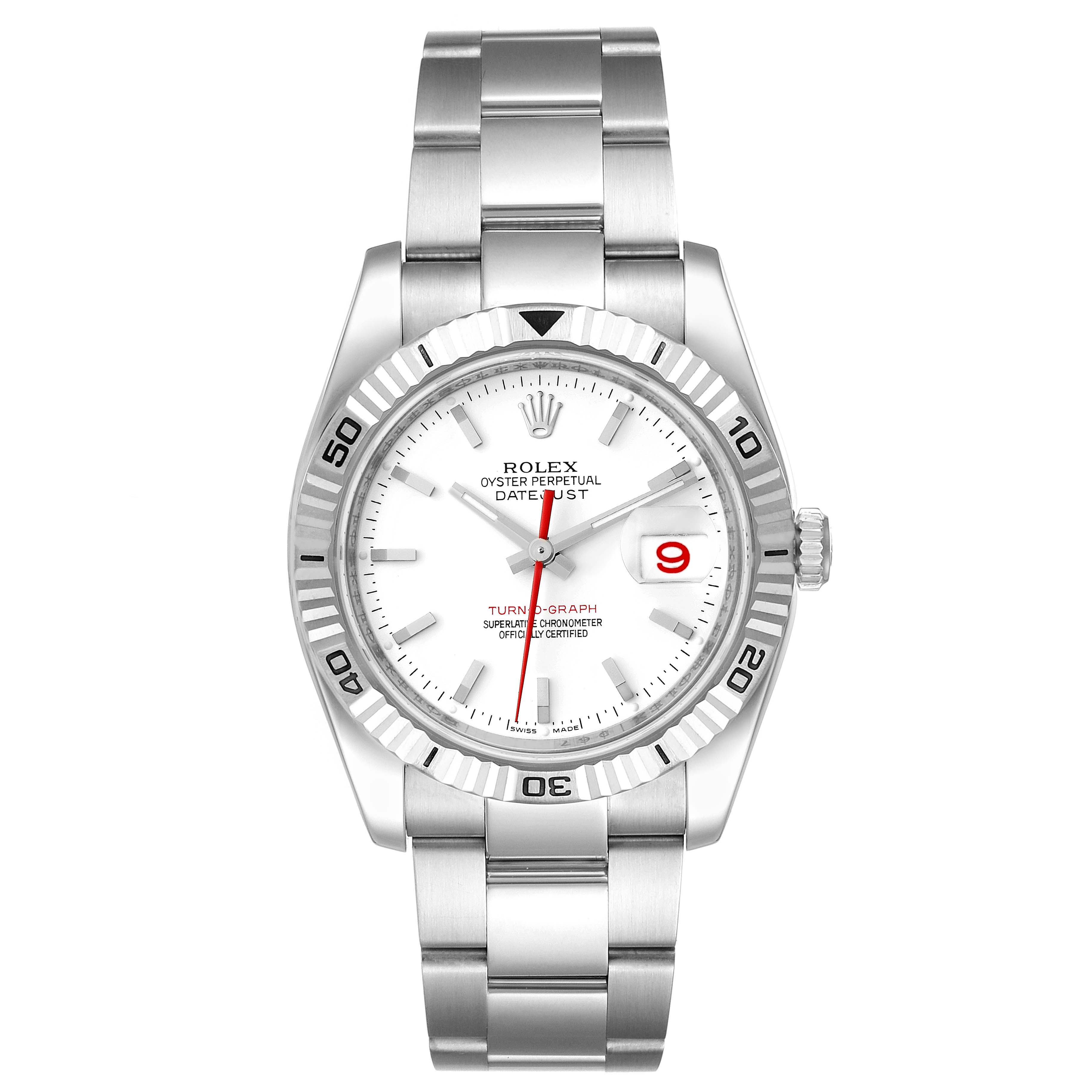 The image shows a front view of a Rolex Turn-o-Graph 116264 Men's Stainless Steel White Dial 116264 Men's Stainless Steel White Dial watch, highlighting the dial, bezel, crown, and bracelet.