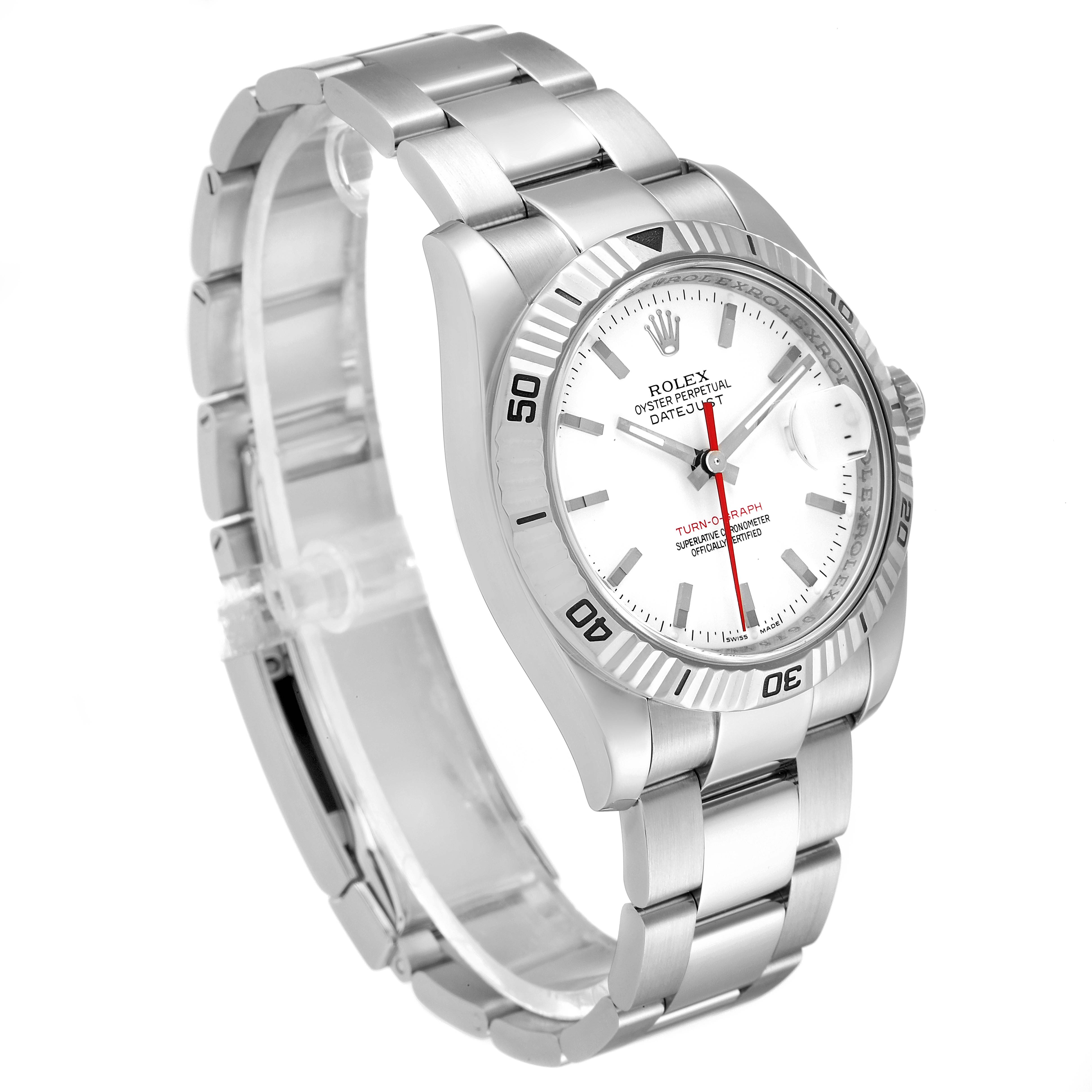 The image shows a side-front view of the Rolex Turn-o-Graph 116264 Men's Stainless Steel White Dial 116264 Men's Stainless Steel White Dial watch, highlighting its face, bezel, and bracelet.