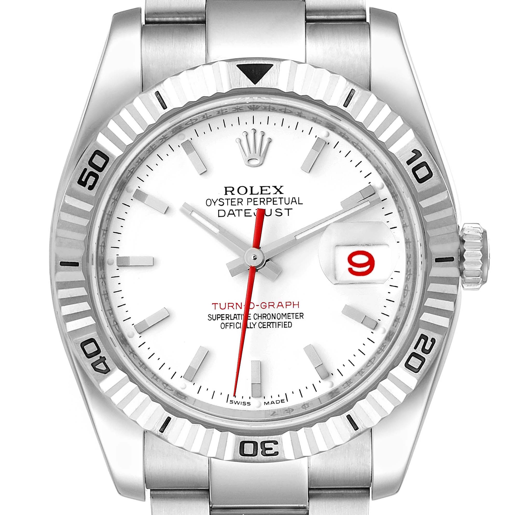 The image shows a front view of the Rolex Turn-o-Graph 116264 Men's Stainless Steel White Dial 116264 Men's Stainless Steel White Dial watch, highlighting the bezel, dial, hands, and bracelet.