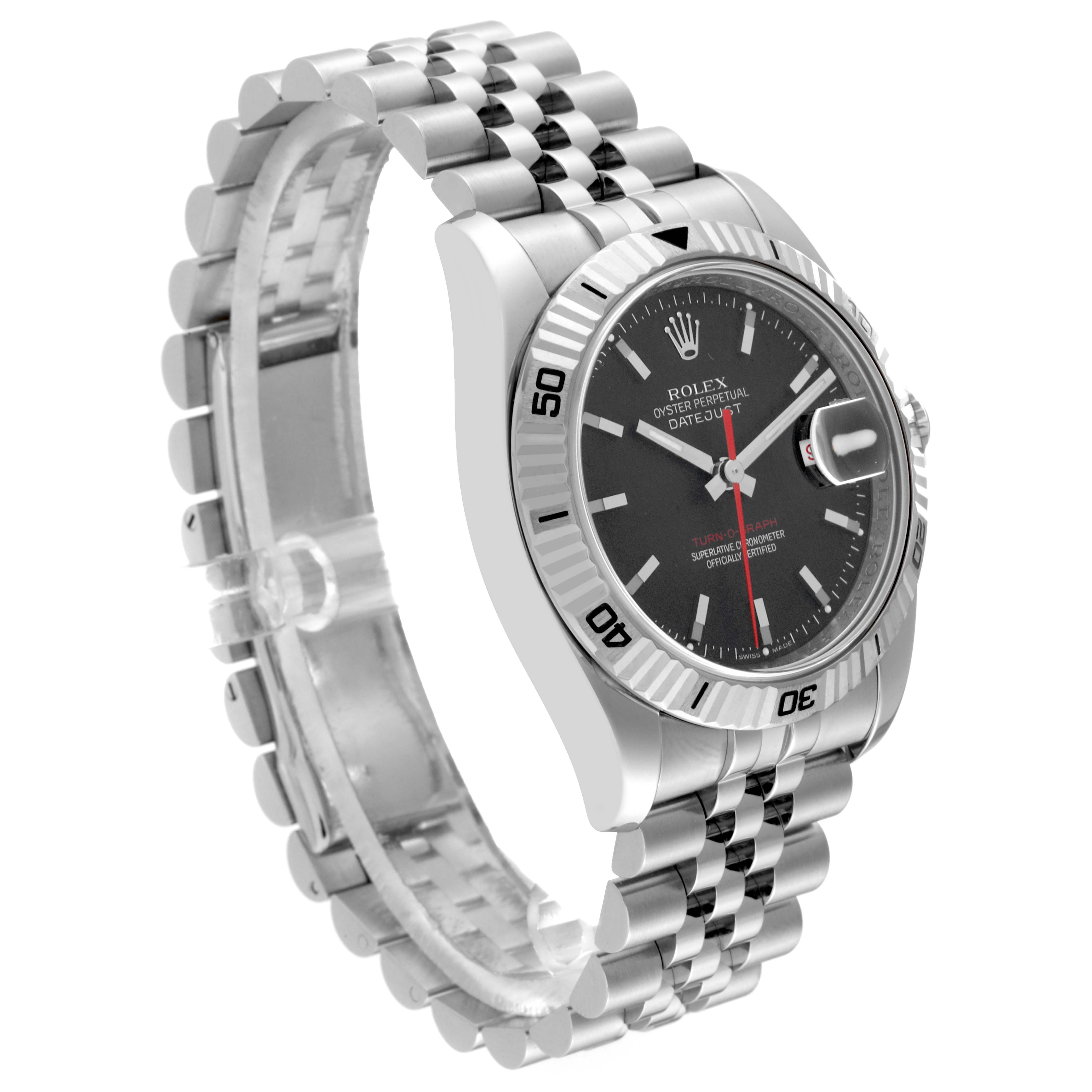 This image shows a side angle view of a Rolex Turn-o-Graph 116264 Men's Stainless Steel Black Dial 116264 Men's Stainless Steel Black Dial watch, highlighting its face, bezel, and bracelet.