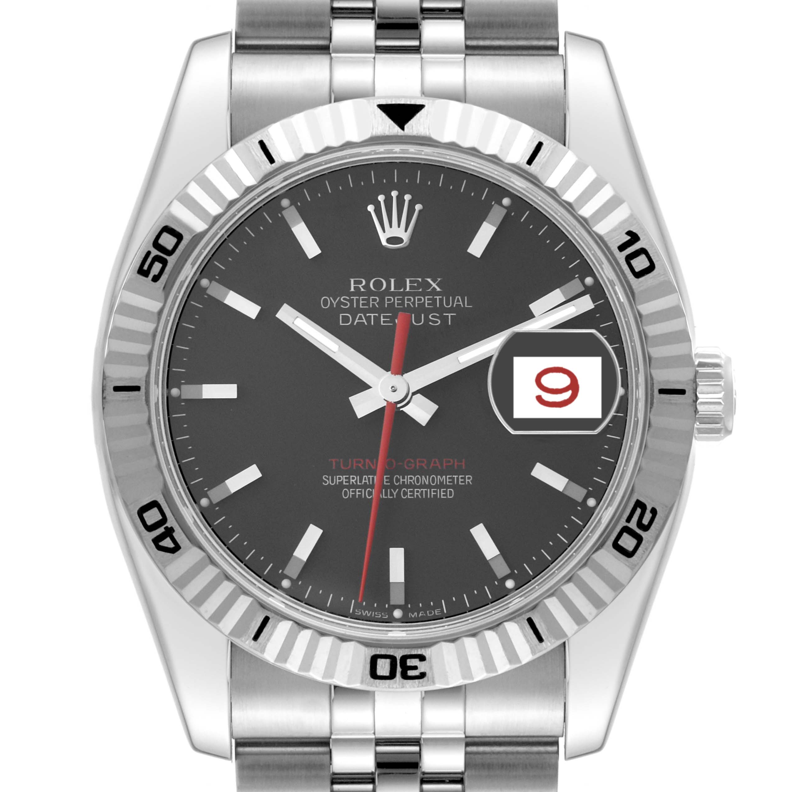 This image shows a front view of the Rolex Turn-o-Graph 116264 Men's Stainless Steel Black Dial 116264 Men's Stainless Steel Black Dial model, highlighting its dial, bezel, and stainless steel bracelet.