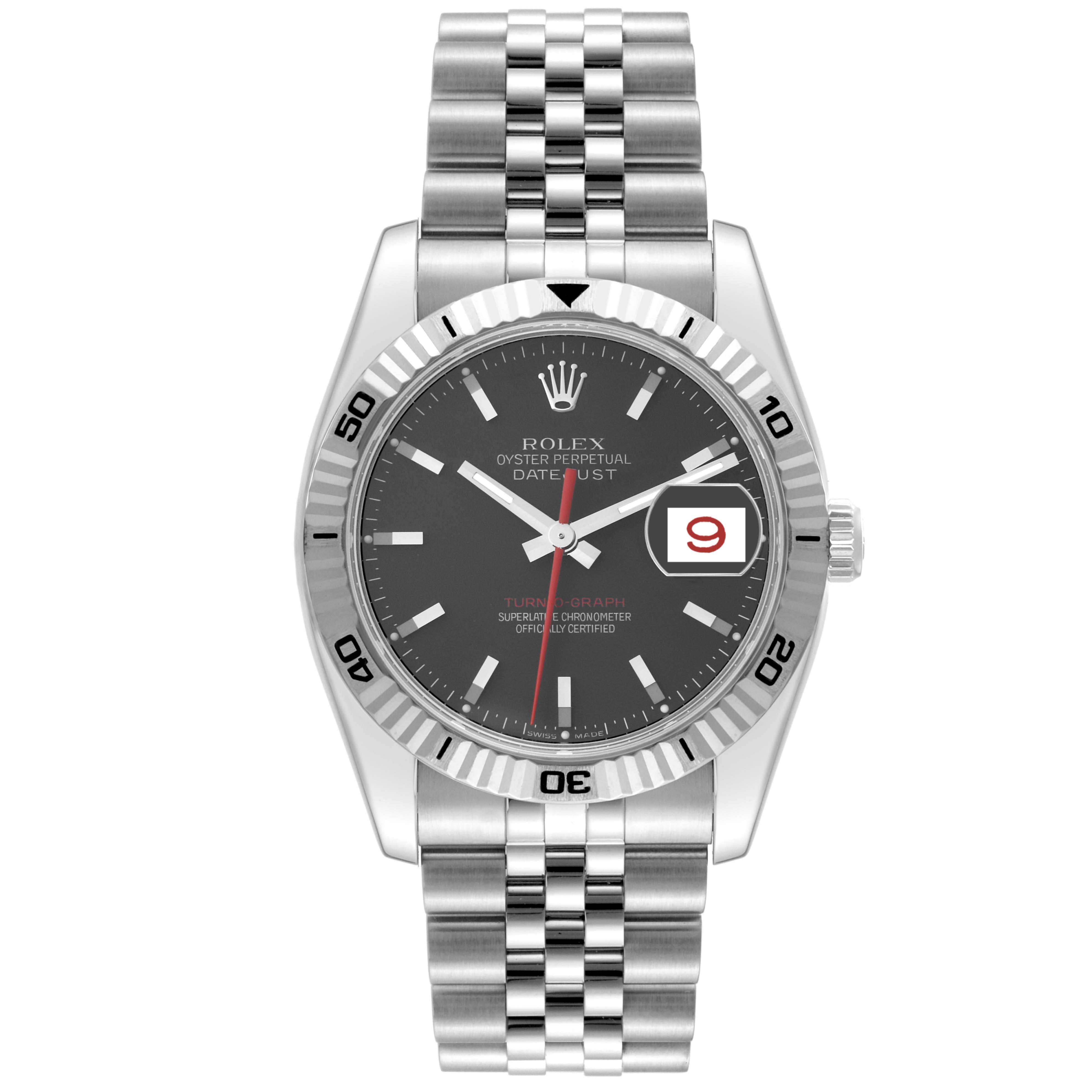 The image shows a front view of a Rolex Turn-o-Graph 116264 Men's Stainless Steel Black Dial 116264 Men's Stainless Steel Black Dial watch, highlighting its dial, bezel, bracelet, and date display.