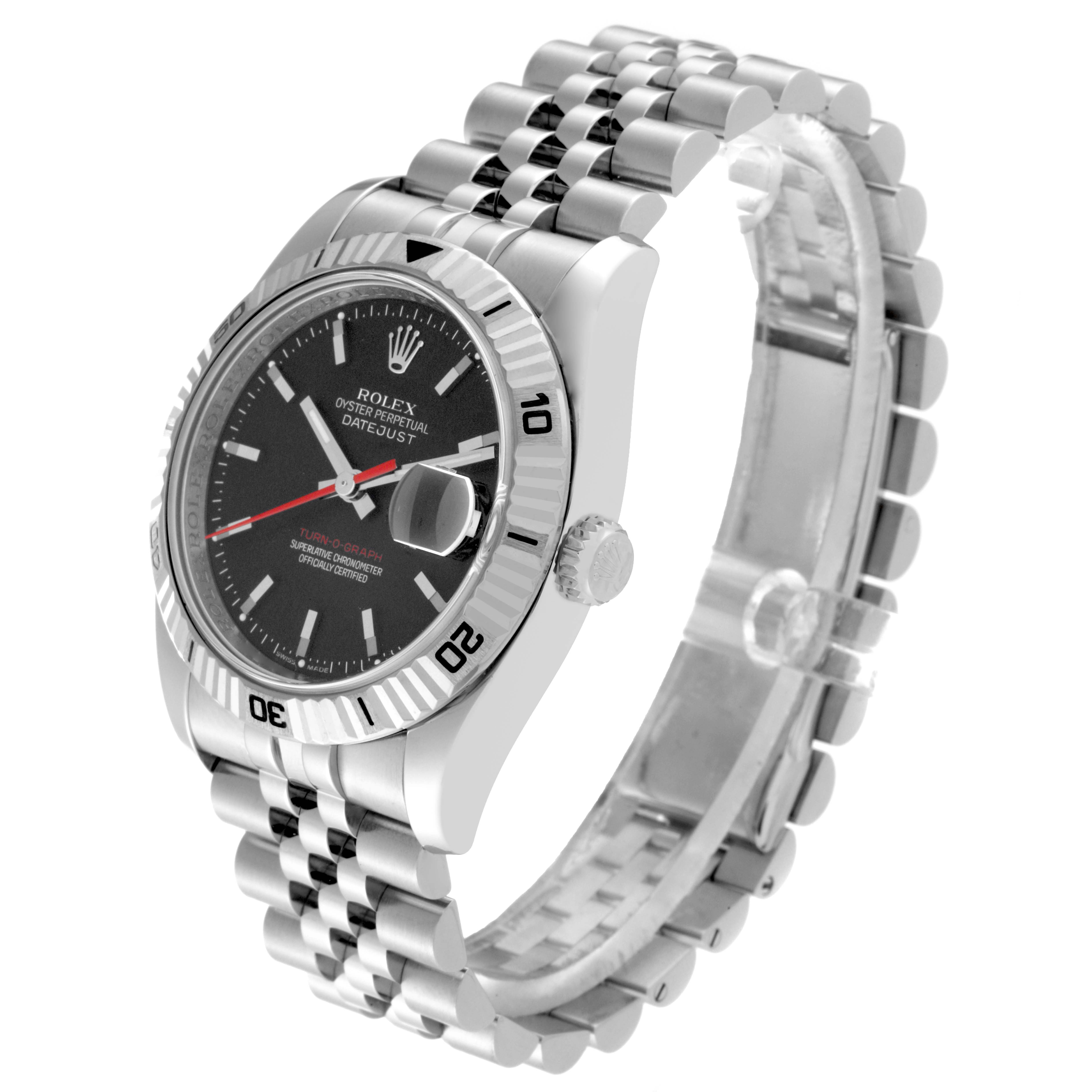 The image shows a Rolex Turn-o-Graph 116264 Men's Stainless Steel Black Dial 116264 Men's Stainless Steel Black Dial watch at a diagonal angle, highlighting its black dial, fluted bezel, and metal bracelet.