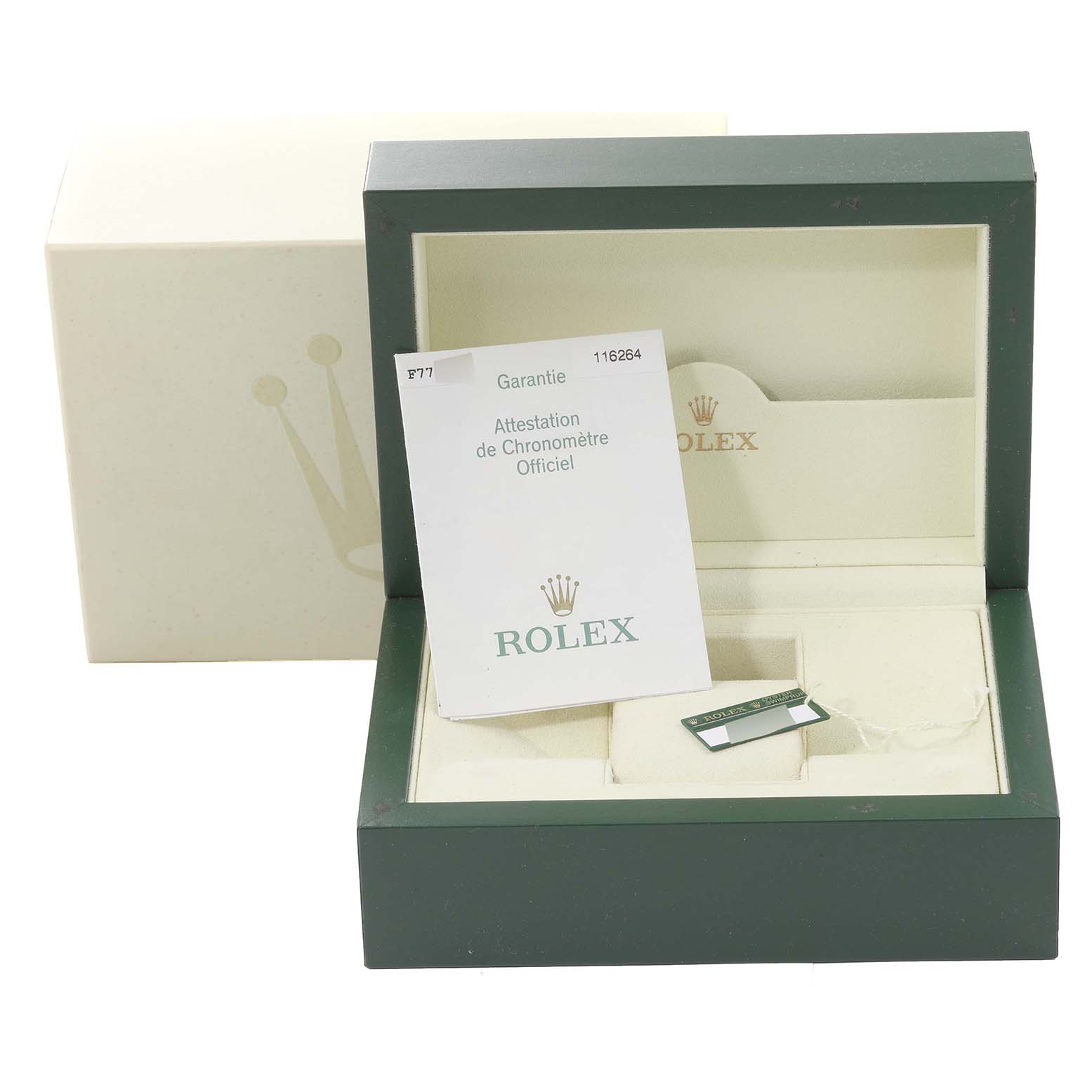 The image shows an open green Rolex box for the Turn-o-Graph model, containing a warranty card and other documents.