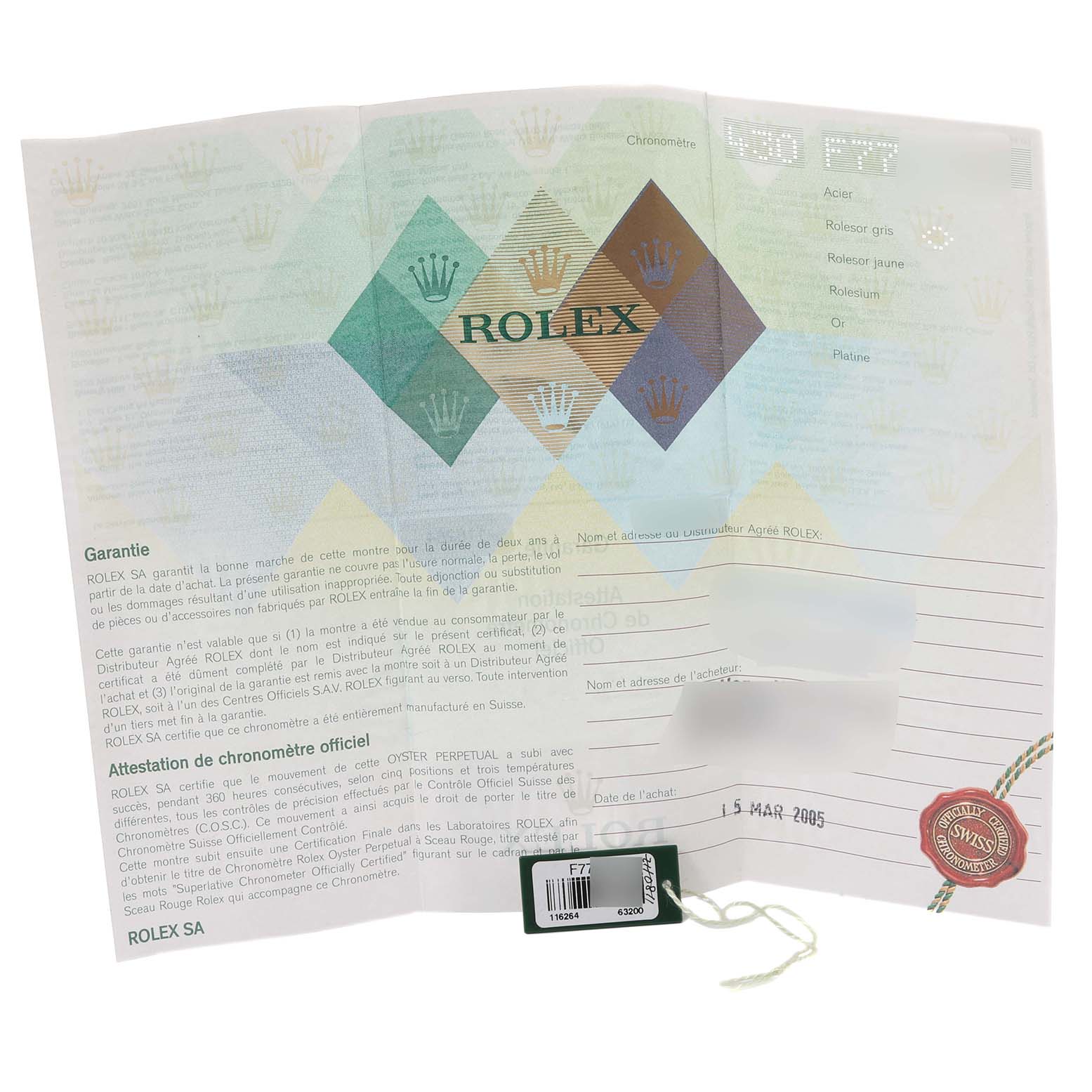 The image shows the warranty and certification papers for a Rolex Turn-o-Graph 116264 Men's Stainless Steel Black Dial 116264 Men's Stainless Steel Black Dial model from a top-down angle.