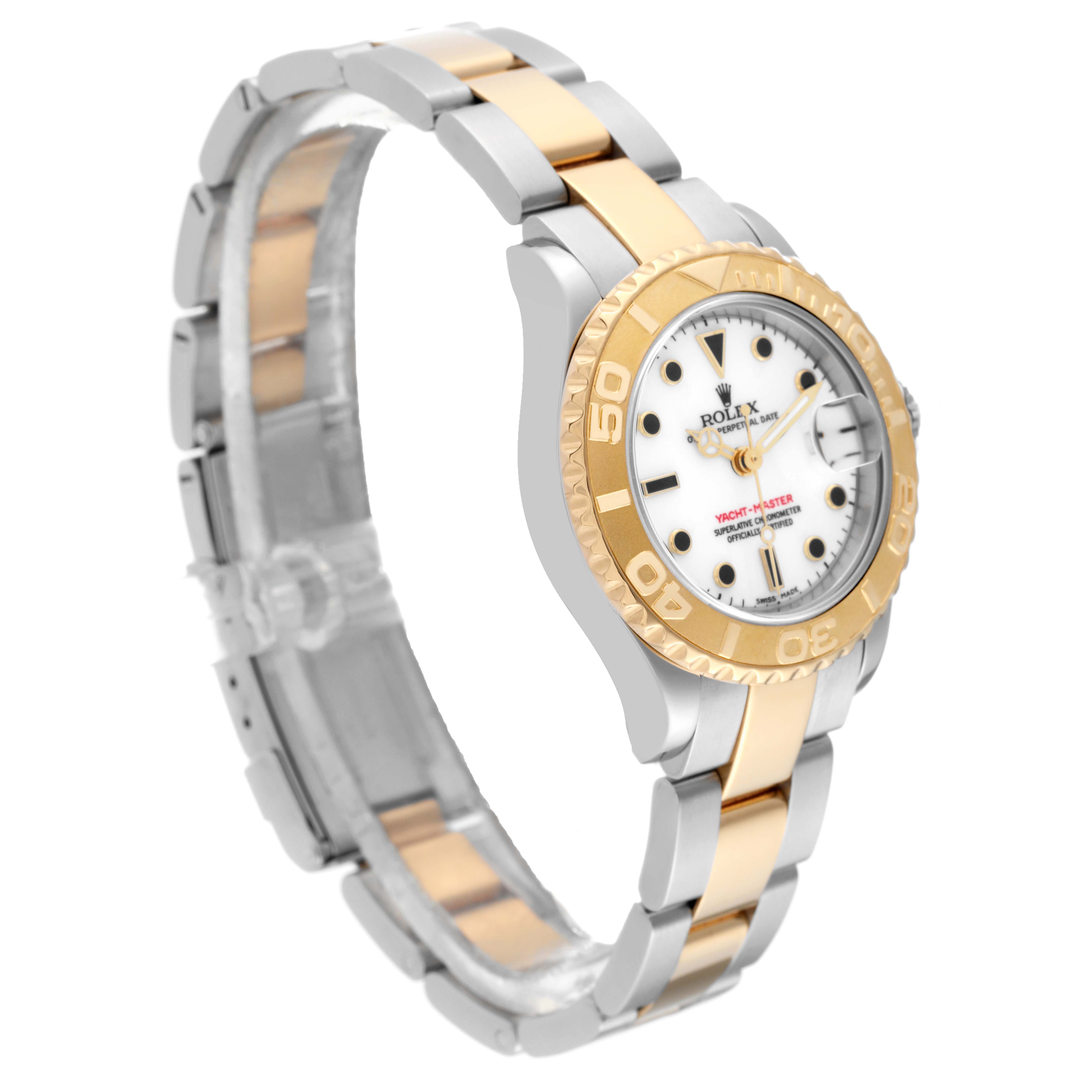 This image shows a side angle of the Rolex Yacht-Master 169623 Women's Steel and Gold (two tone) White Dial 169623 Women's Steel and Gold (two tone) White Dial watch, highlighting its bezel, dial, and bracelet.
