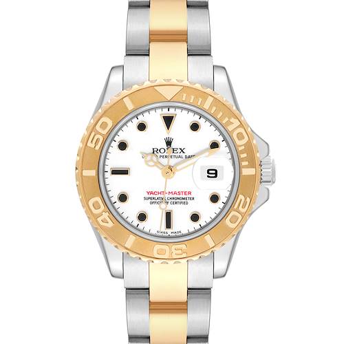 The image shows a front view of a Rolex Yacht-Master watch, highlighting its gold bezel, white dial, and two-tone bracelet.