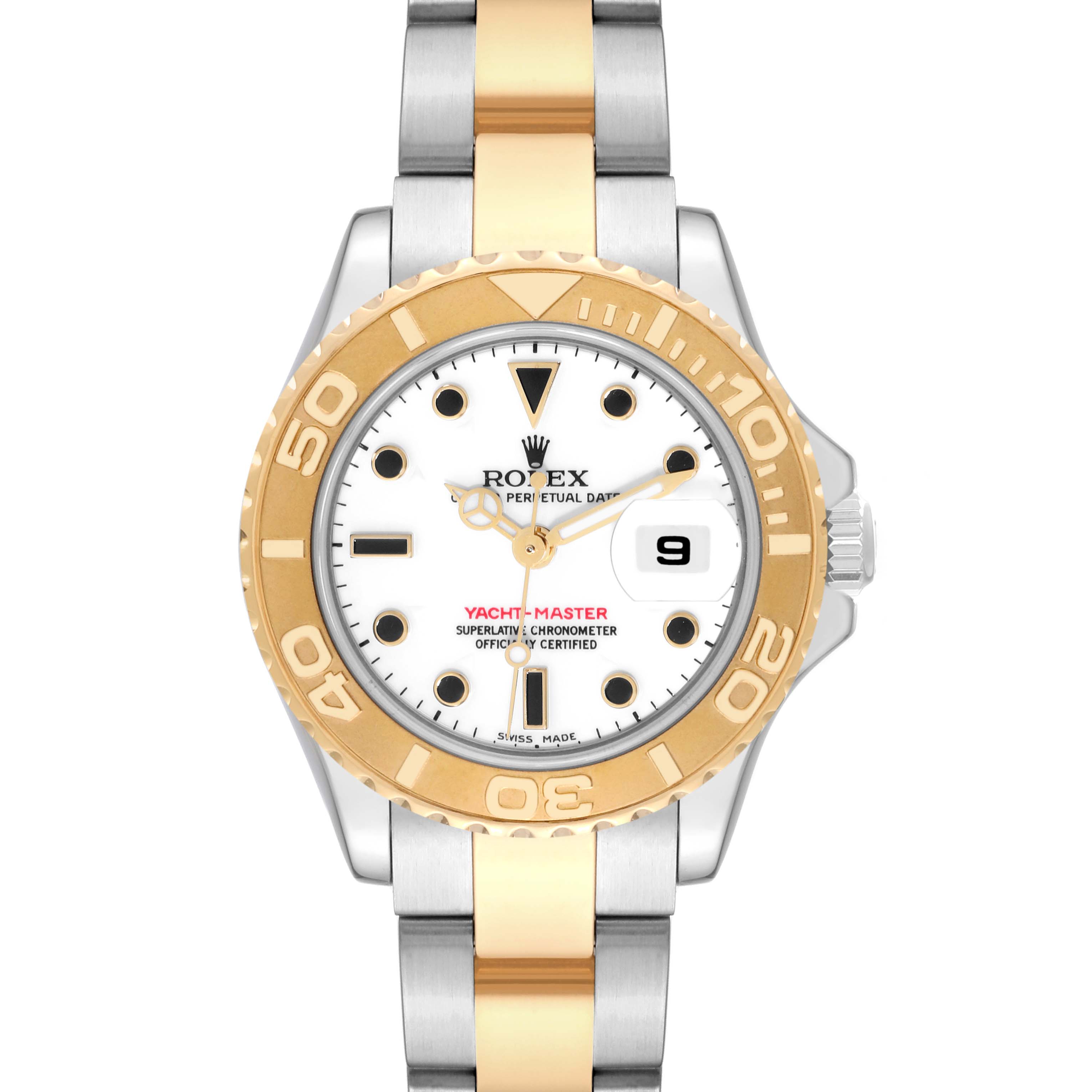 The image shows a front view of a Rolex Yacht-Master 169623 Women's Steel and Gold (two tone) White Dial 169623 Women's Steel and Gold (two tone) White Dial watch, highlighting the dial, bezel, and two-tone bracelet.