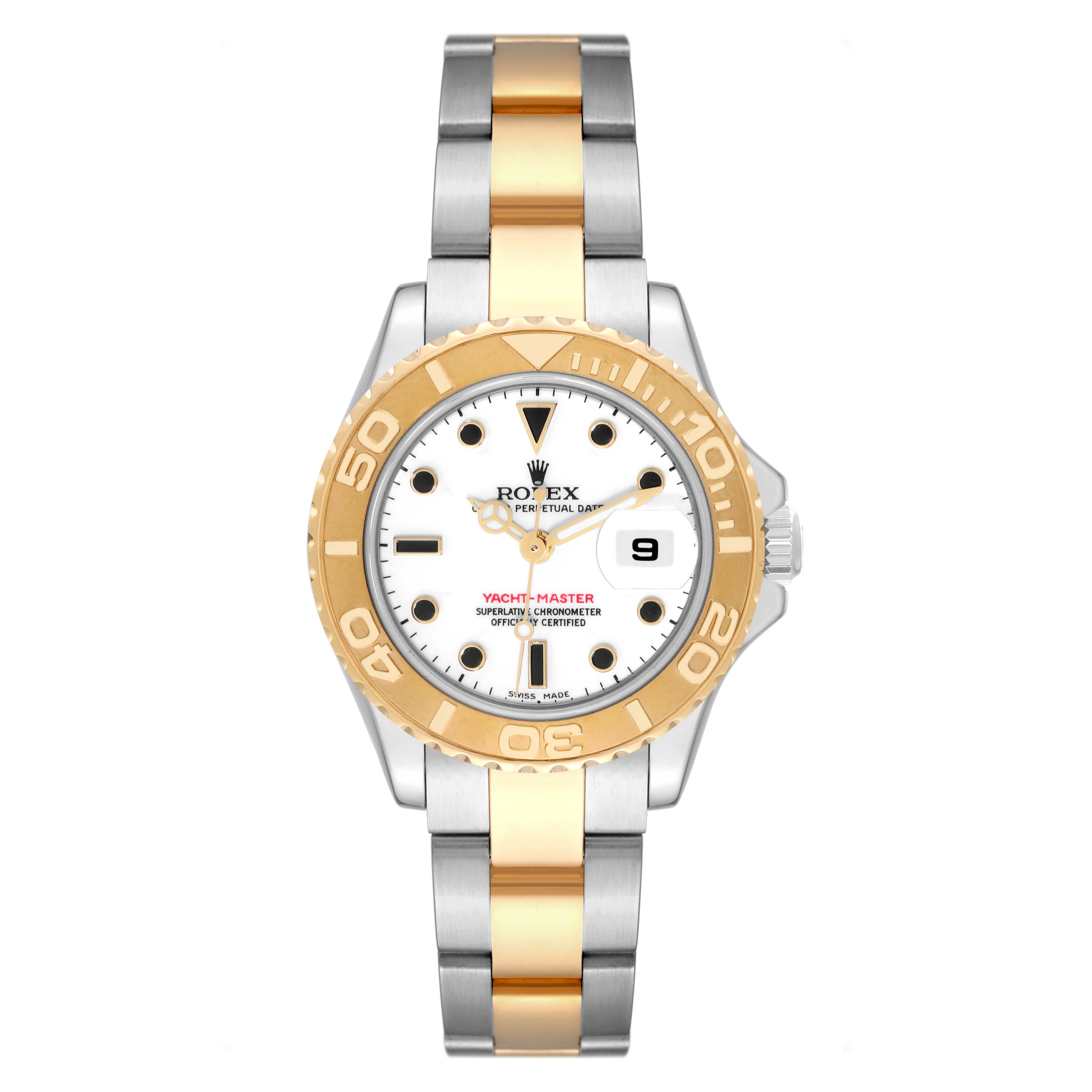 The image shows a Rolex Yacht-Master 169623 Women's Steel and Gold (two tone) White Dial 169623 Women's Steel and Gold (two tone) White Dial watch from a front angle, highlighting its dial, bezel, and two-tone metal bracelet.