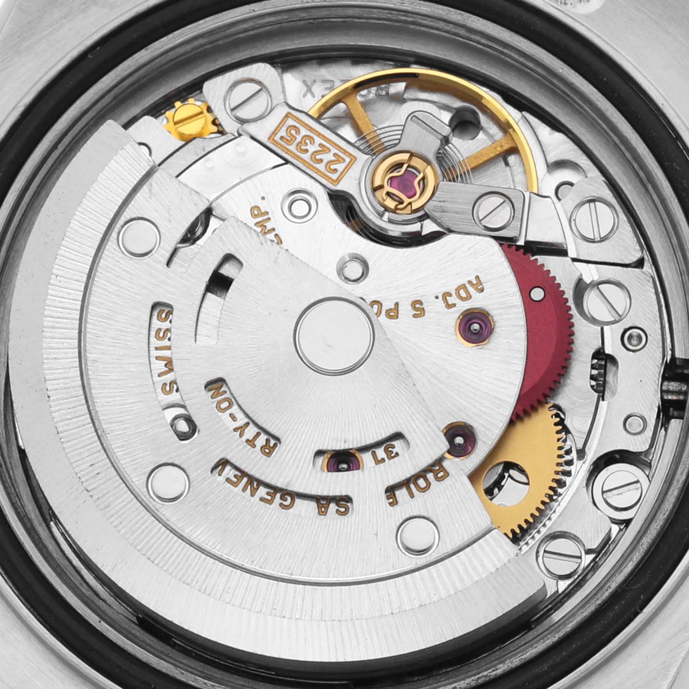 This is a close-up view of the movement and internal mechanism of a Rolex Yacht-Master 169623 Women's Steel and Gold (two tone) White Dial 169623 Women's Steel and Gold (two tone) White Dial watch.