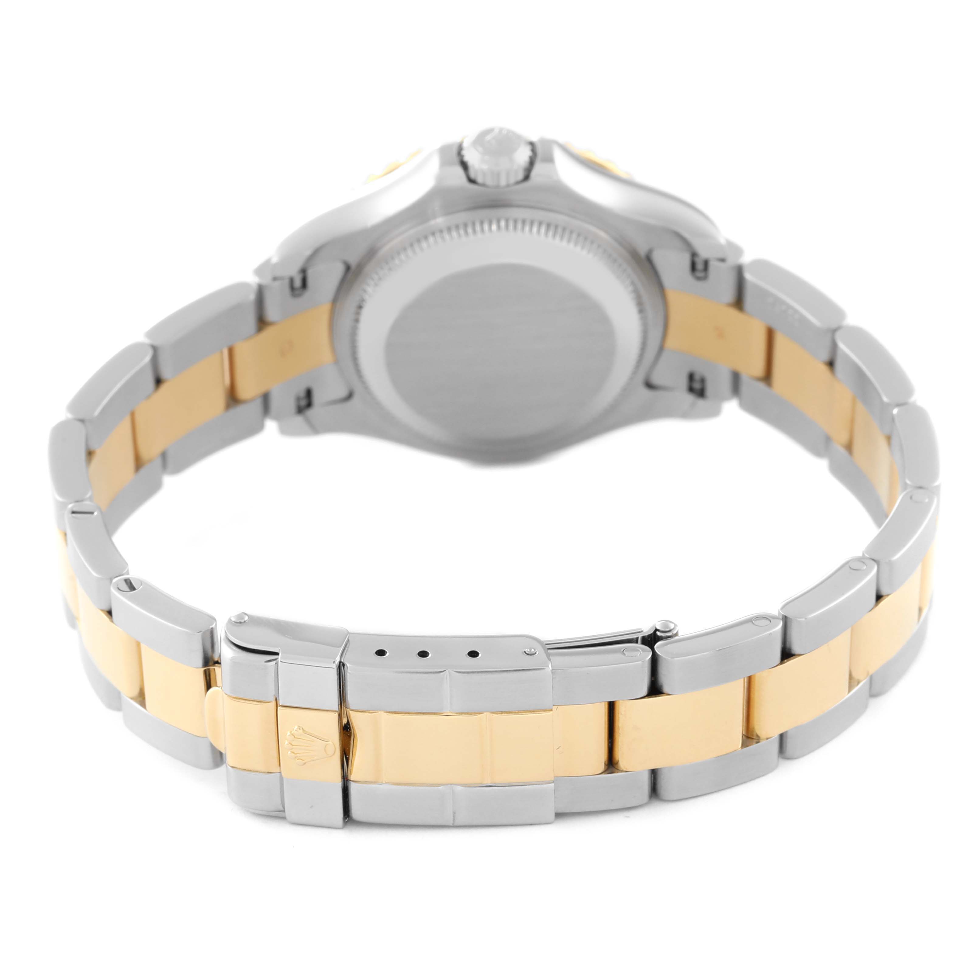 This image shows the back view of the Rolex Yacht-Master 169623 Women's Steel and Gold (two tone) White Dial 169623 Women's Steel and Gold (two tone) White Dial watch, focusing on the bracelet and clasp.