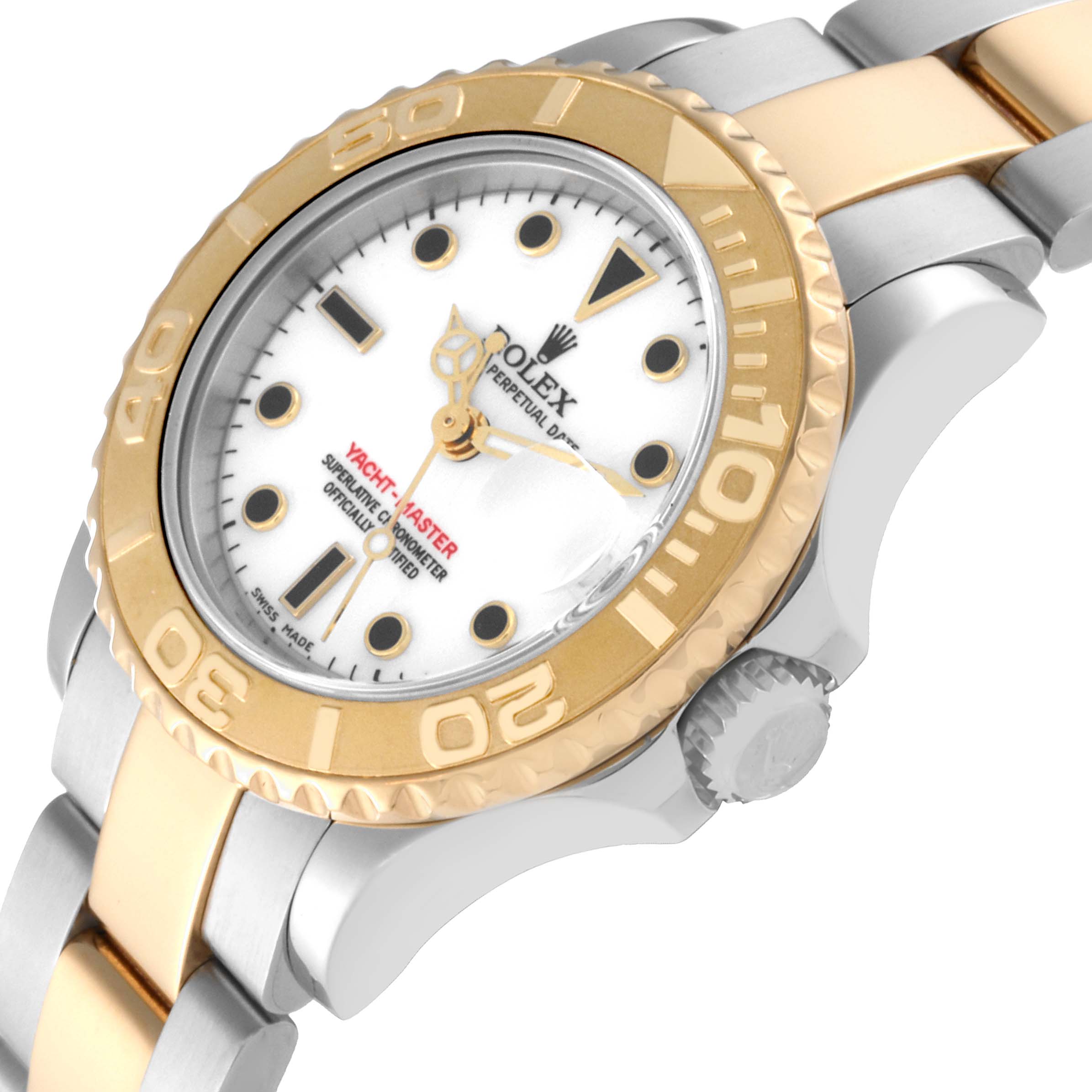 The image shows a close-up angle of the Rolex Yacht-Master 169623 Women's Steel and Gold (two tone) White Dial 169623 Women's Steel and Gold (two tone) White Dial watch, highlighting its bezel, crown, and part of the bracelet.