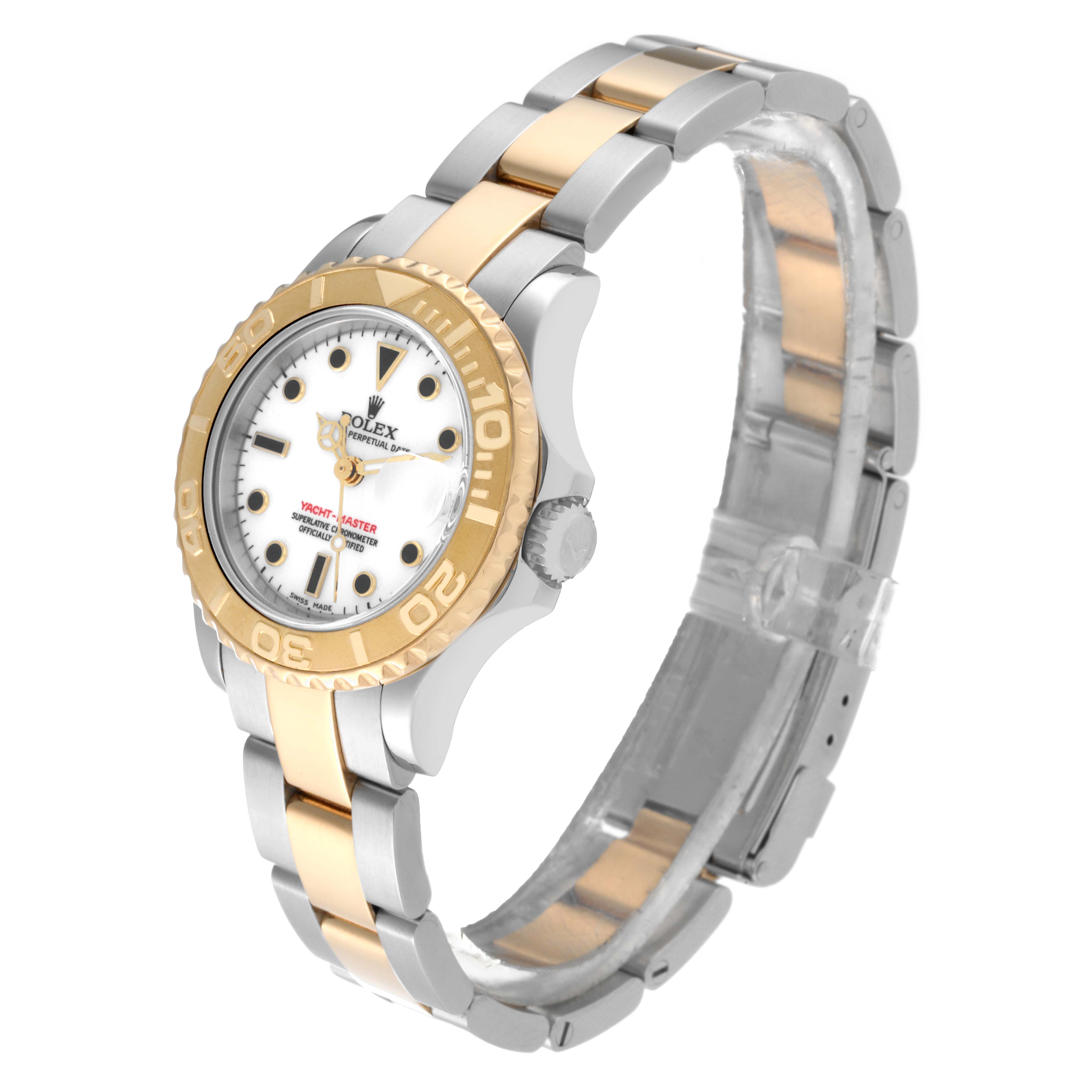 This image shows a Rolex Yacht-Master 169623 Women's Steel and Gold (two tone) White Dial 169623 Women's Steel and Gold (two tone) White Dial watch with a silver and gold band, white dial, and gold bezel from a front-right angle.
