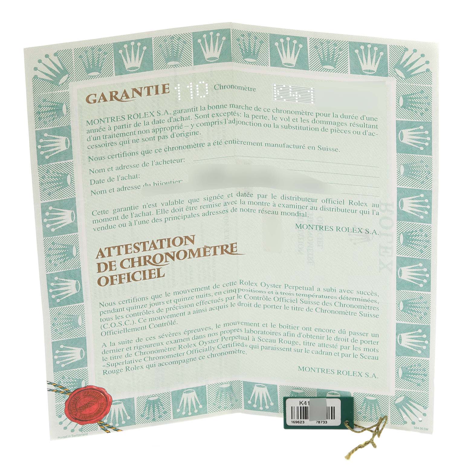 This image shows the warranty certificate for the Rolex Yacht-Master 169623 Women's Steel and Gold (two tone) White Dial 169623 Women's Steel and Gold (two tone) White Dial model.