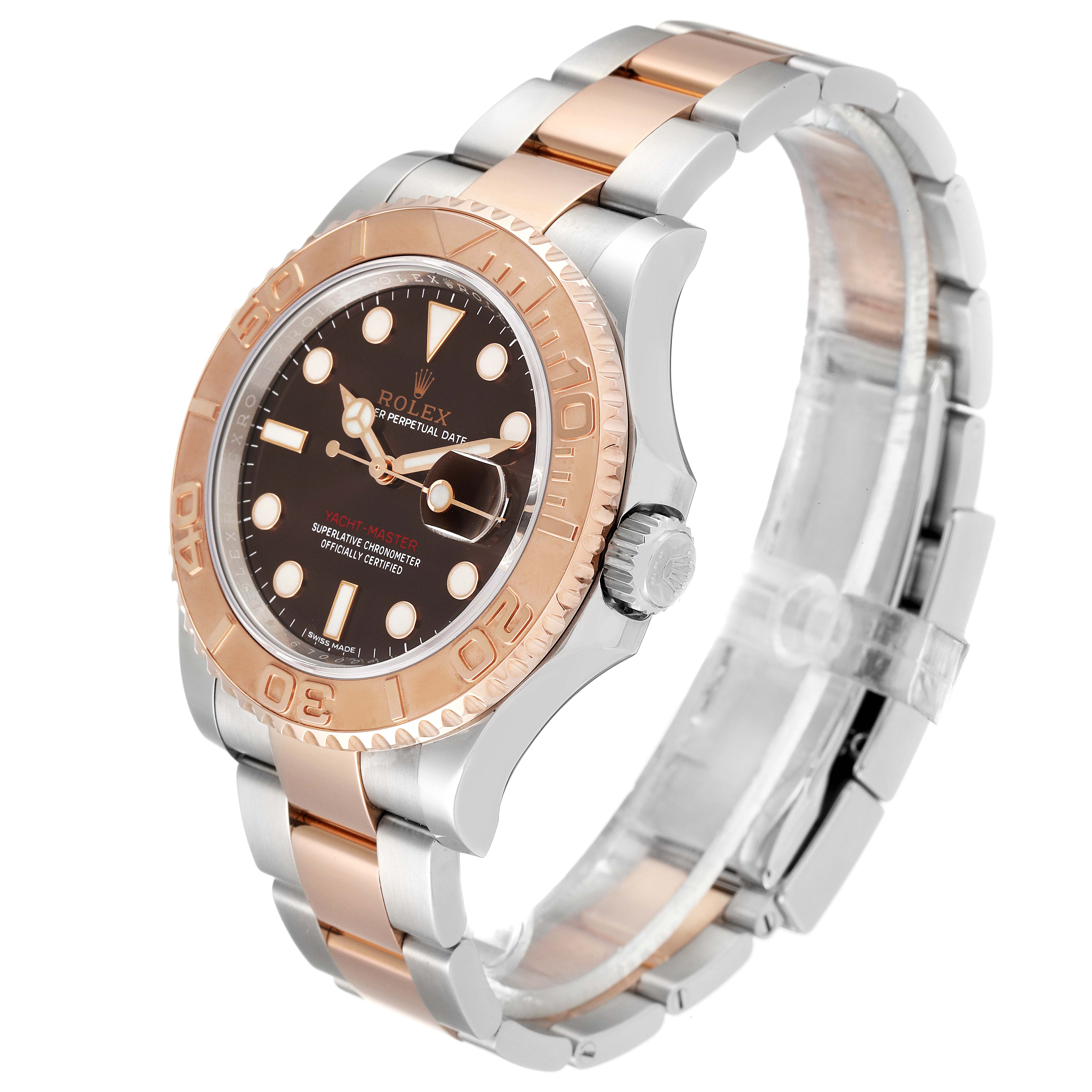 The Rolex Yacht-Master 116621 Men's Steel and Gold (two tone) Brown Dial 116621 Men's Steel and Gold (two tone) Brown Dial watch is shown at a three-quarter angle, displaying the dial, bezel, crown, and bracelet.