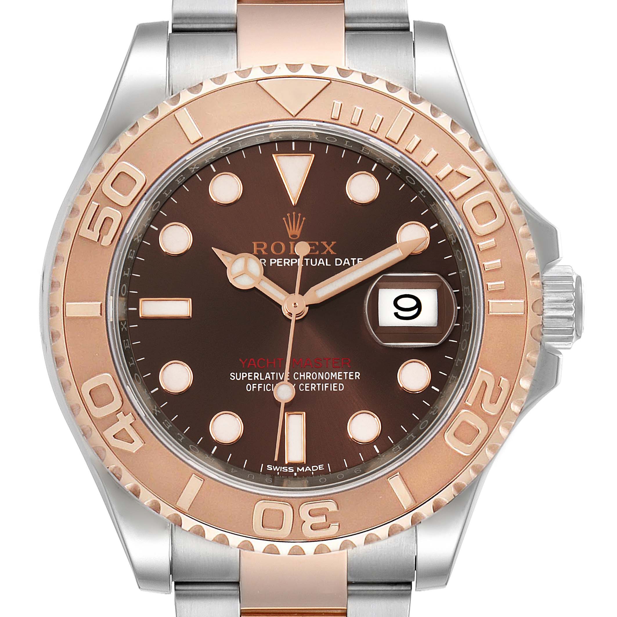 The image shows a front view of a Rolex Yacht-Master 116621 Men's Steel and Gold (two tone) Brown Dial 116621 Men's Steel and Gold (two tone) Brown Dial watch, highlighting its bezel, dial, hands, and date window.