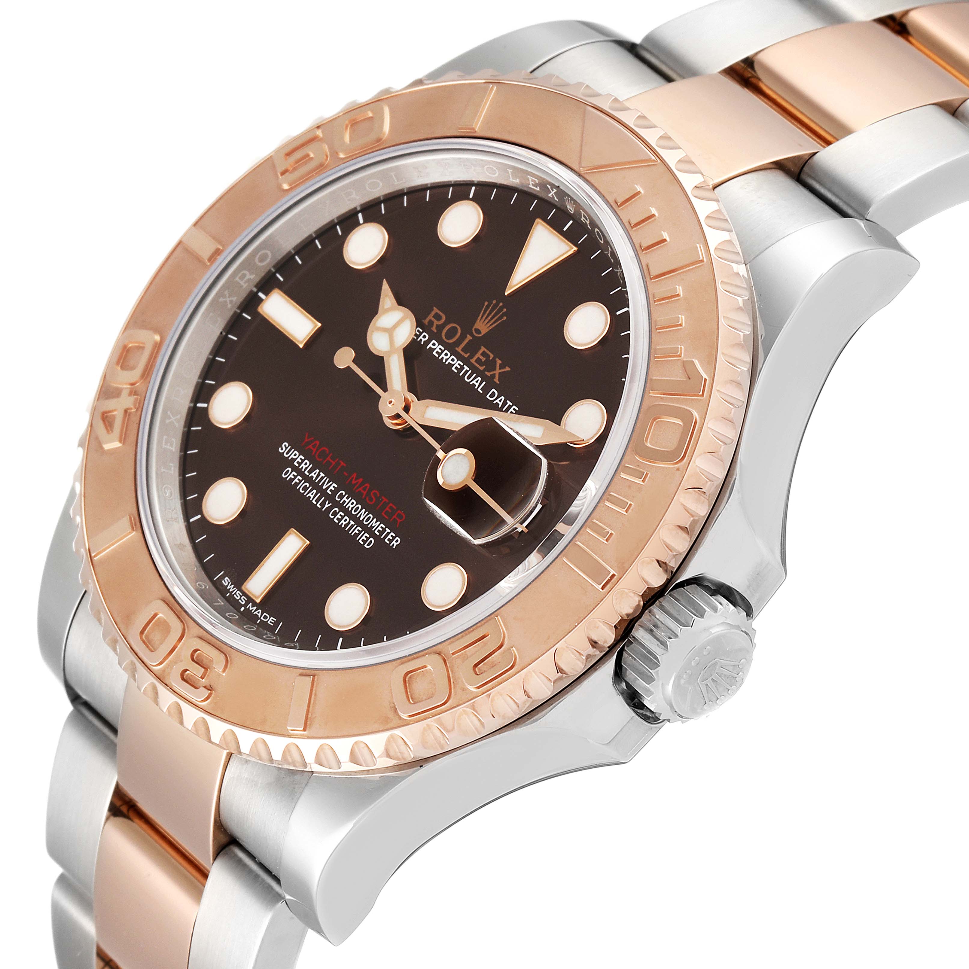 The image shows a close-up side angle of the Rolex Yacht-Master 116621 Men's Steel and Gold (two tone) Brown Dial 116621 Men's Steel and Gold (two tone) Brown Dial watch, highlighting its bezel, dial, and part of the bracelet.