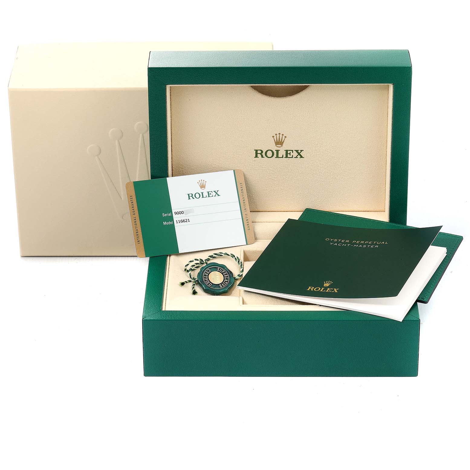 The image shows the open box, warranty card, tag, and manuals of a Rolex Yacht-Master 116621 Men's Steel and Gold (two tone) Brown Dial 116621 Men's Steel and Gold (two tone) Brown Dial watch.