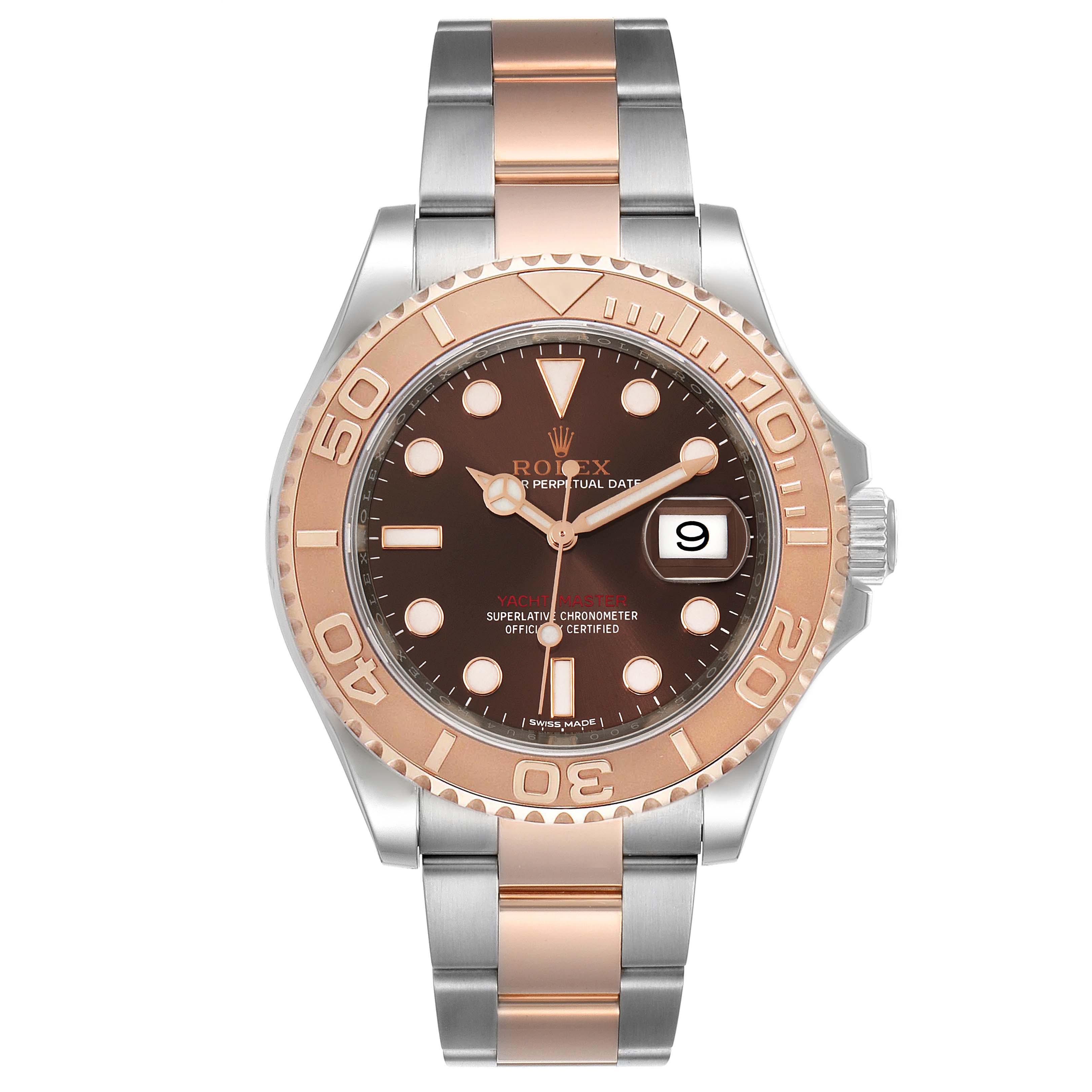This image shows a front view of the Rolex Yacht-Master 116621 Men's Steel and Gold (two tone) Brown Dial 116621 Men's Steel and Gold (two tone) Brown Dial watch, highlighting its dial, bezel, and bracelet.