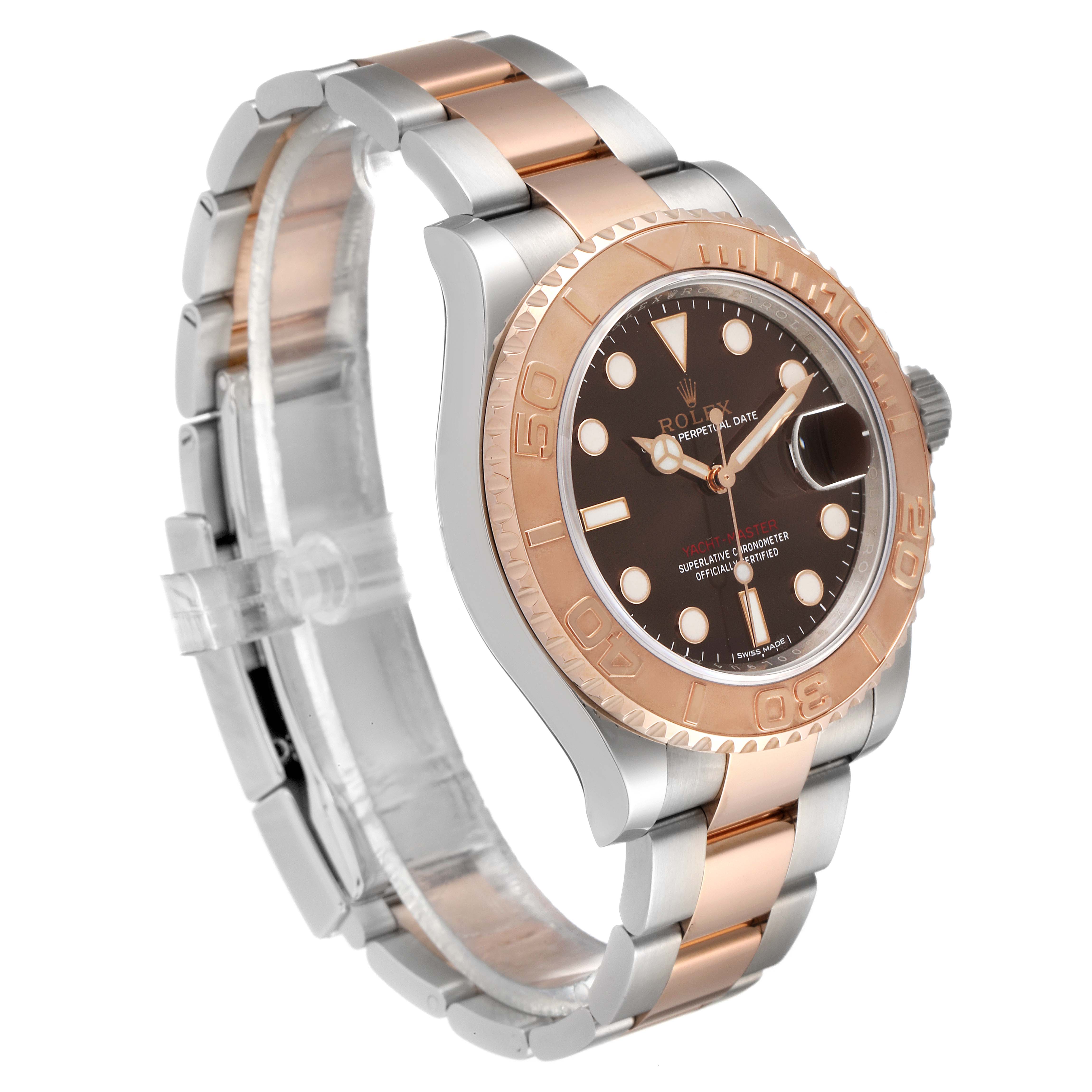 The image shows a side angle of the Rolex Yacht-Master 116621 Men's Steel and Gold (two tone) Brown Dial 116621 Men's Steel and Gold (two tone) Brown Dial watch, highlighting its bracelet, case, and bezel.