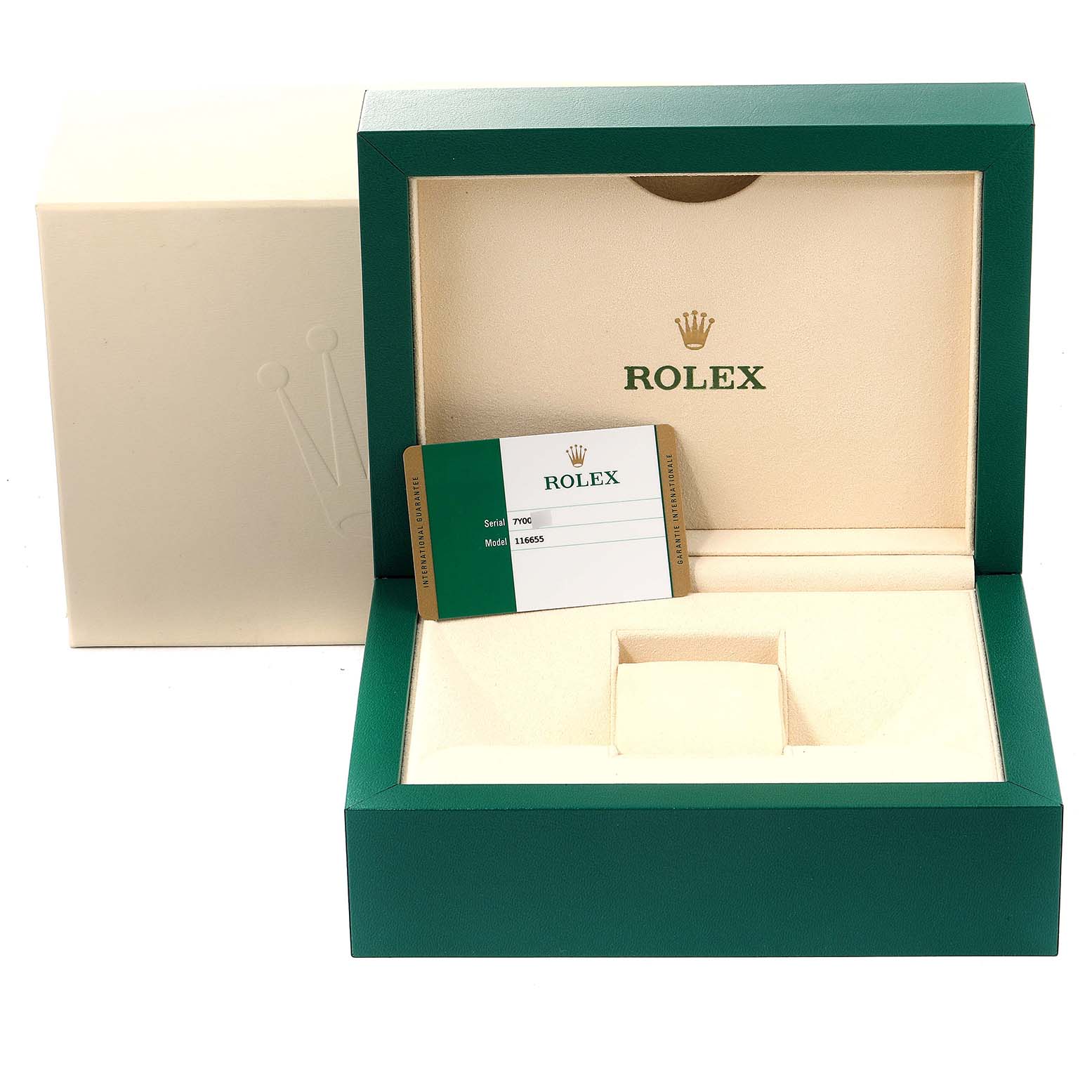 The image shows the open box of a Rolex Yacht-Master 116655 Men's Rose Gold Black Dial 116655 Men's Rose Gold Black Dial watch with the warranty card prominently displayed.