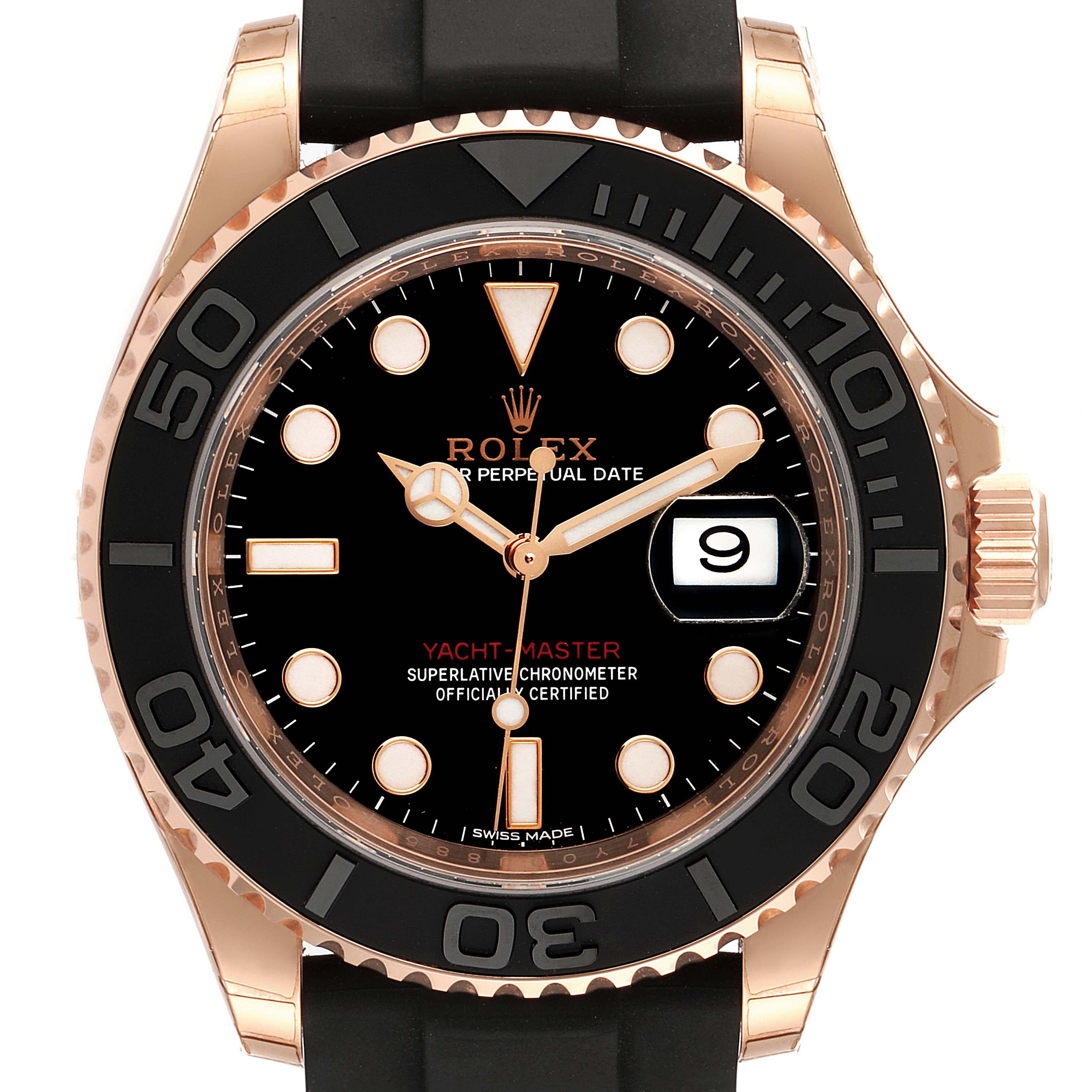 The Rolex Yacht-Master 116655 Men's Rose Gold Black Dial 116655 Men's Rose Gold Black Dial watch is shown from the front, highlighting the black dial, date window, and rose gold accents.