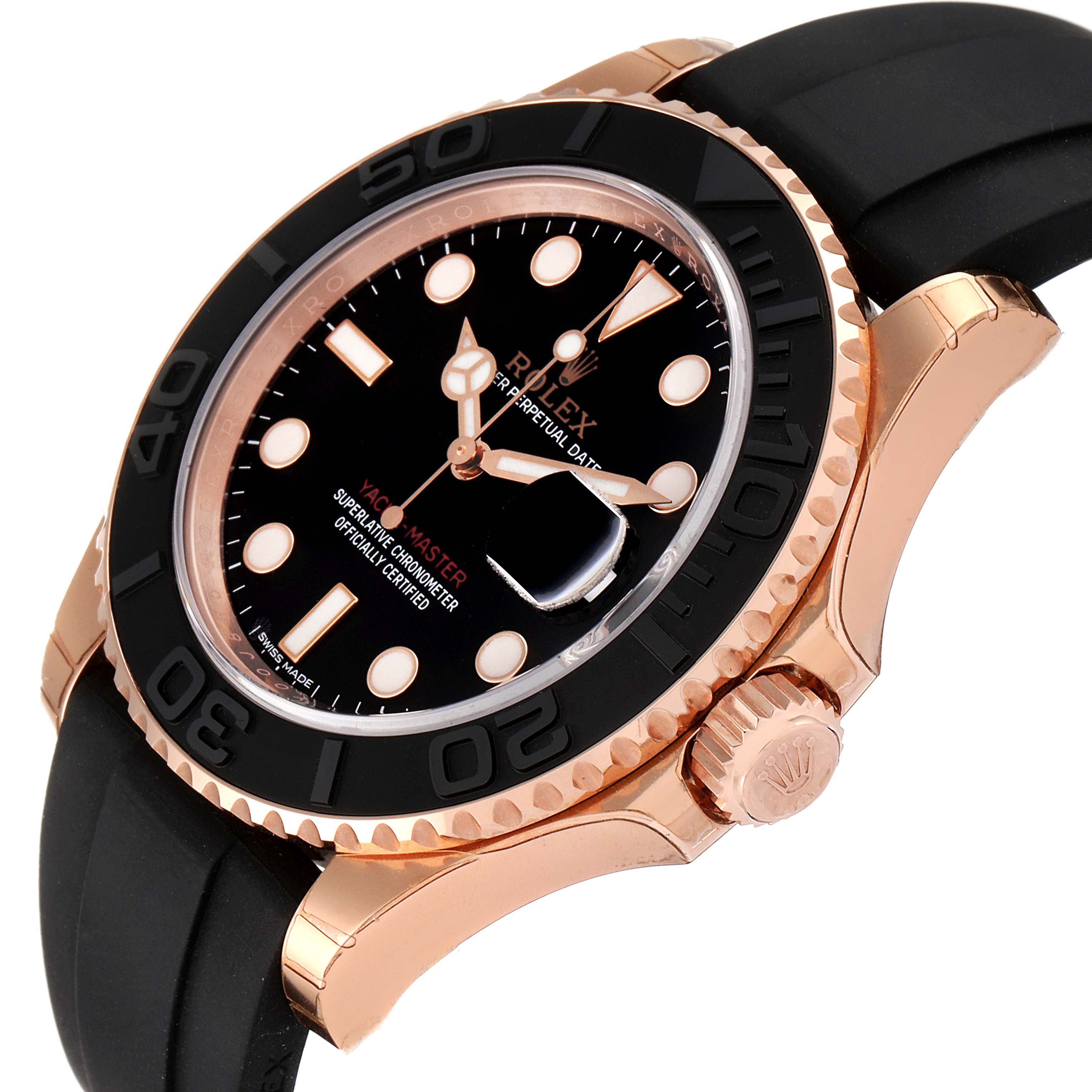The Rolex Yacht-Master 116655 Men's Rose Gold Black Dial 116655 Men's Rose Gold Black Dial watch is shown from a slight side angle, highlighting the face, bezel, crown, and part of the strap.