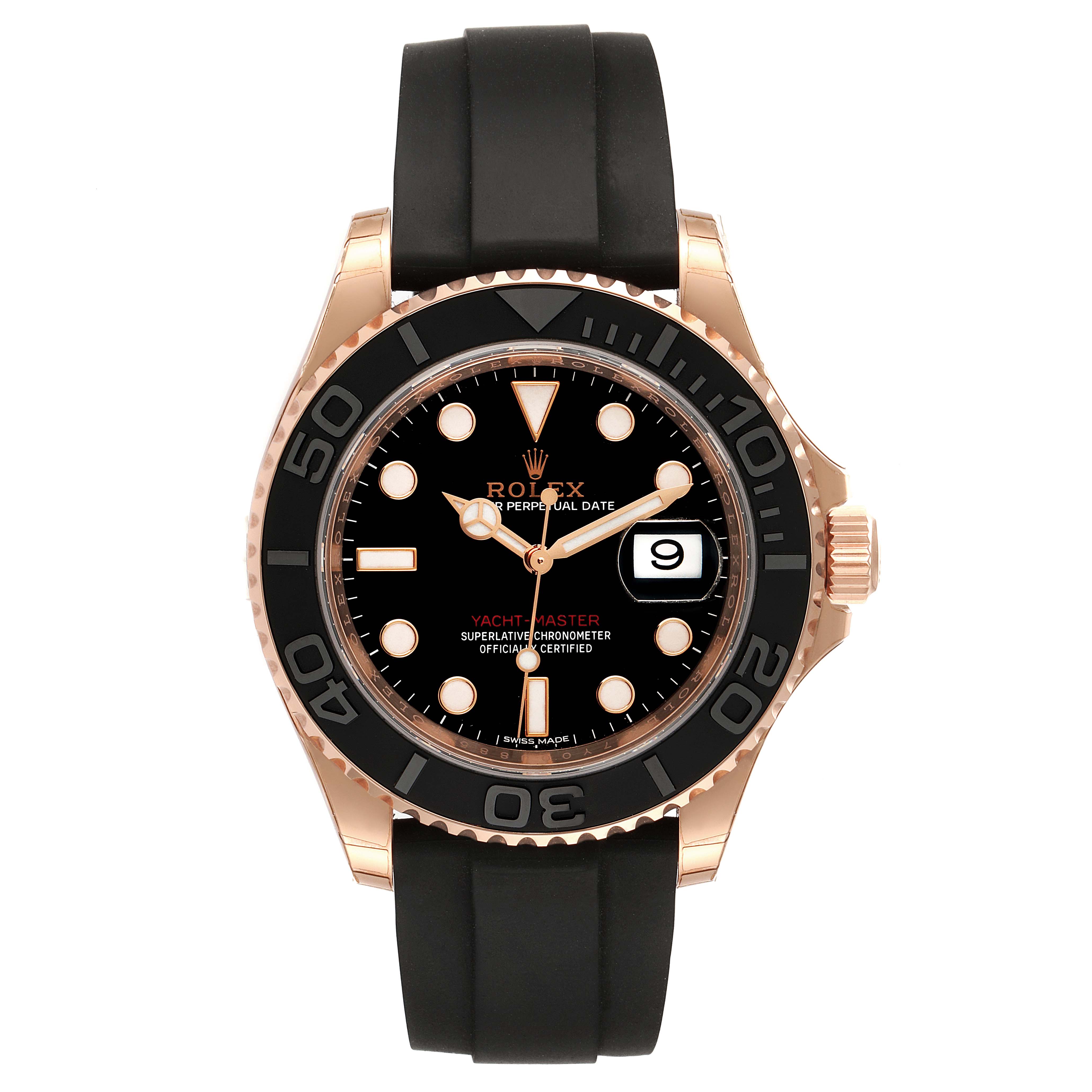 The Rolex Yacht-Master 116655 Men's Rose Gold Black Dial 116655 Men's Rose Gold Black Dial watch is shown from the front, highlighting the dial, bezel, and strap.