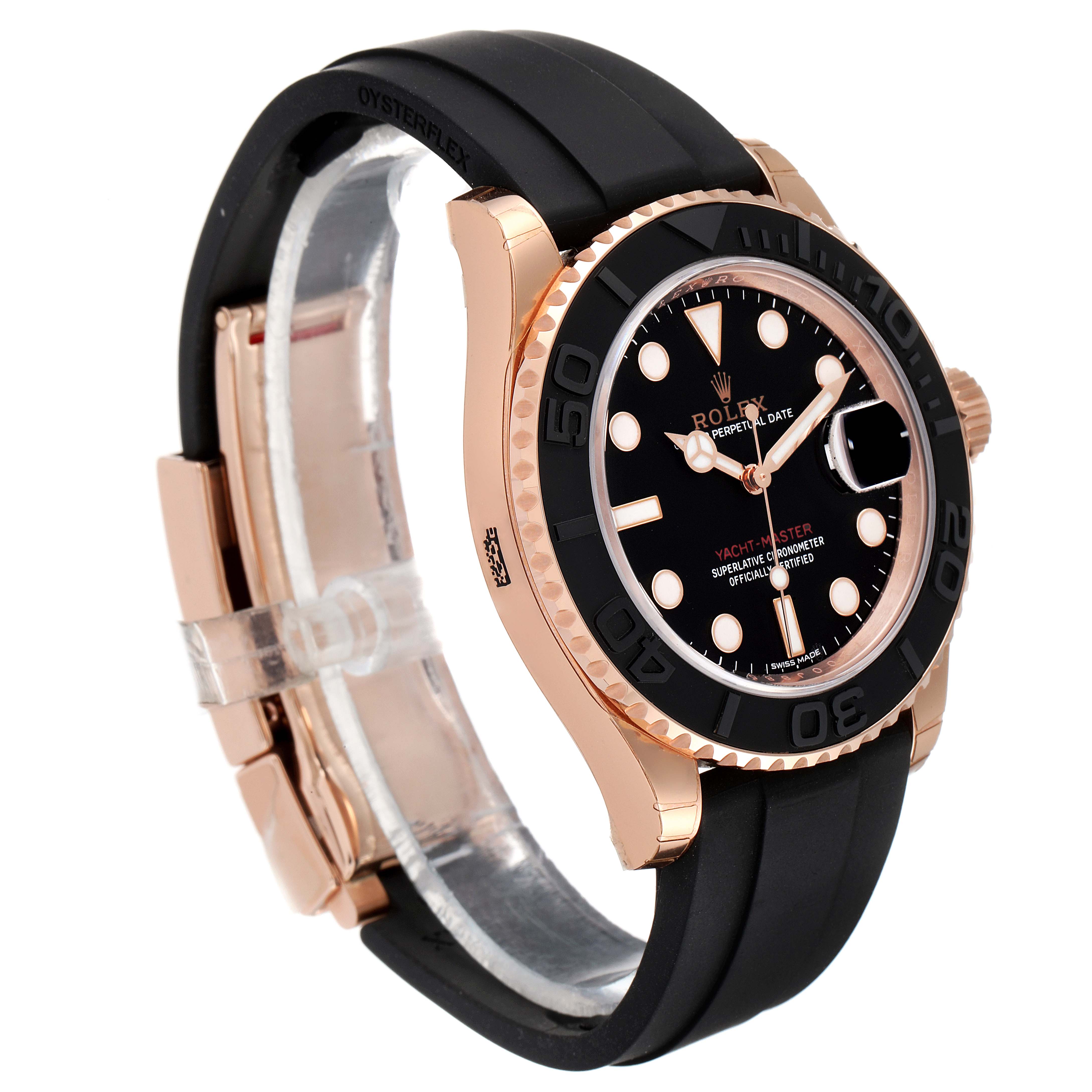 This Rolex Yacht-Master 116655 Men's Rose Gold Black Dial 116655 Men's Rose Gold Black Dial watch is shown at an angle highlighting its face, bezel, and rubber strap.