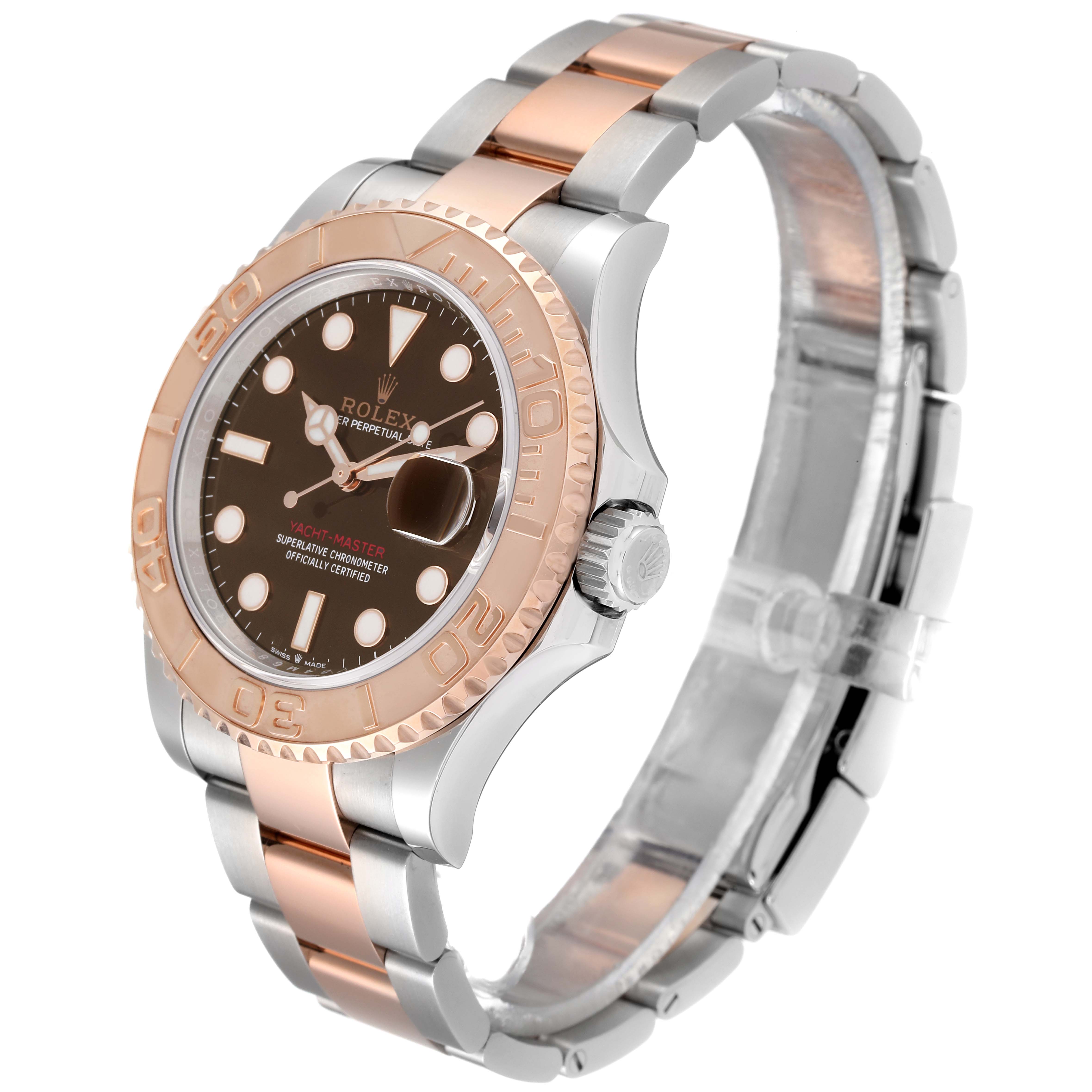 The image shows a Rolex Yacht-Master 126621 Men's Stainless Steel Brown Dial 126621 Men's Stainless Steel Brown Dial watch angled to display its face, bezel, crown, and two-tone bracelet.