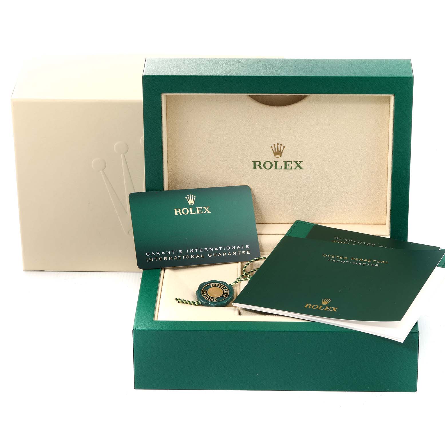 The image shows the box, international guarantee card, manuals, and tags for a Rolex Yacht-Master 126621 Men's Stainless Steel Brown Dial 126621 Men's Stainless Steel Brown Dial watch.