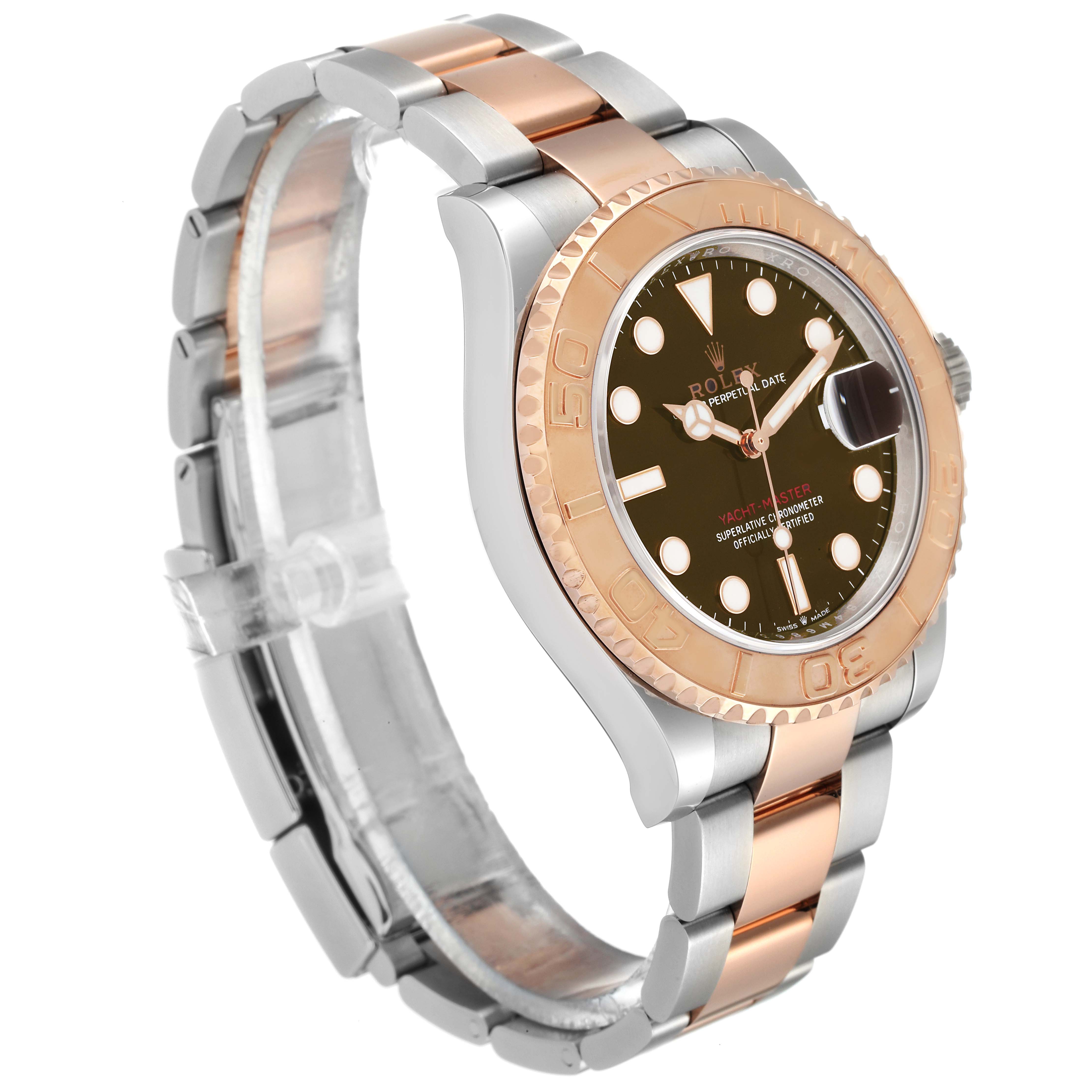 The Rolex Yacht-Master 126621 Men's Stainless Steel Brown Dial 126621 Men's Stainless Steel Brown Dial watch is pictured from an angled front view showing the face, bezel, and two-tone bracelet.