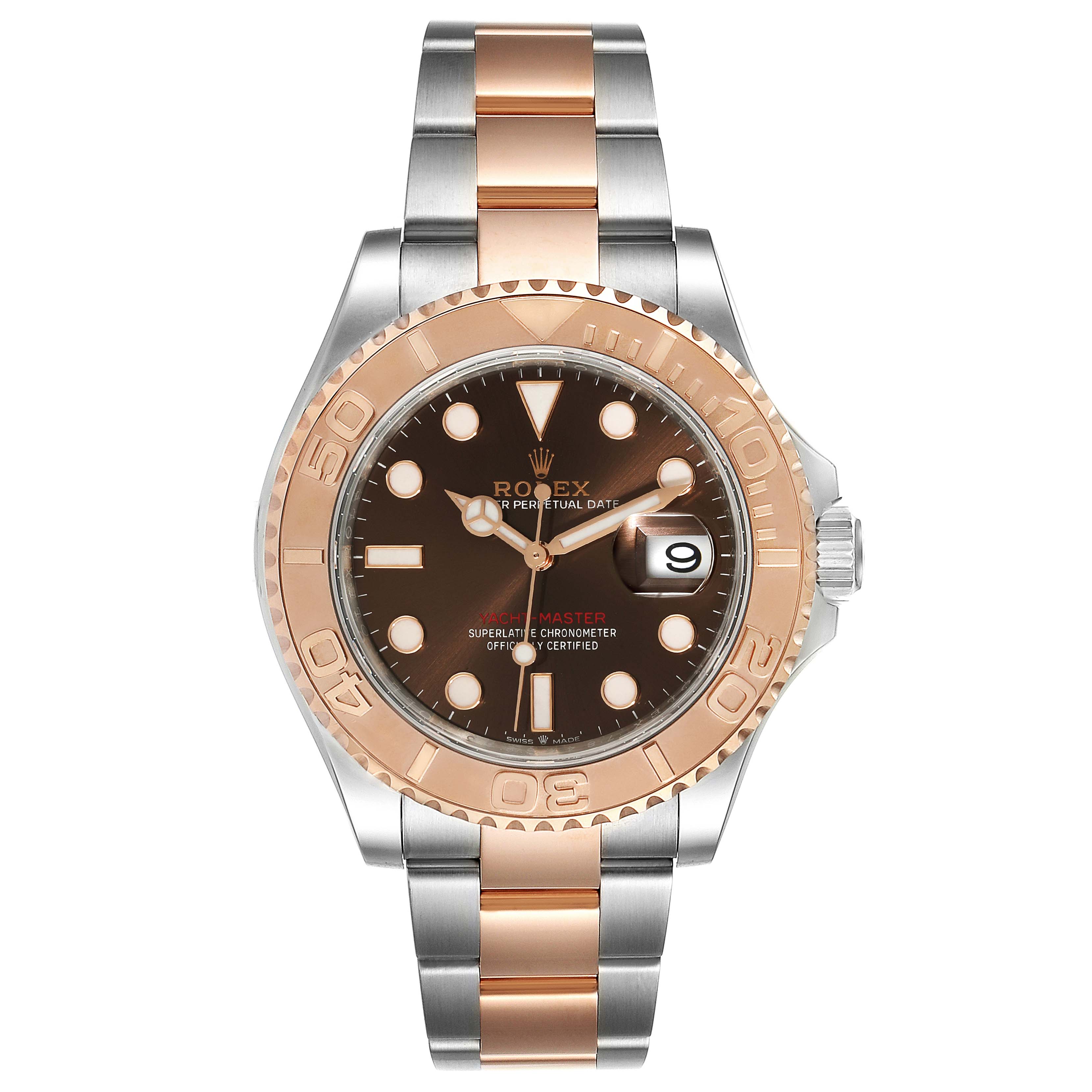 The image shows a front-angle view of a Rolex Yacht-Master 126621 Men's Stainless Steel Brown Dial 126621 Men's Stainless Steel Brown Dial watch, featuring its bezel, dial, and two-tone metal bracelet.