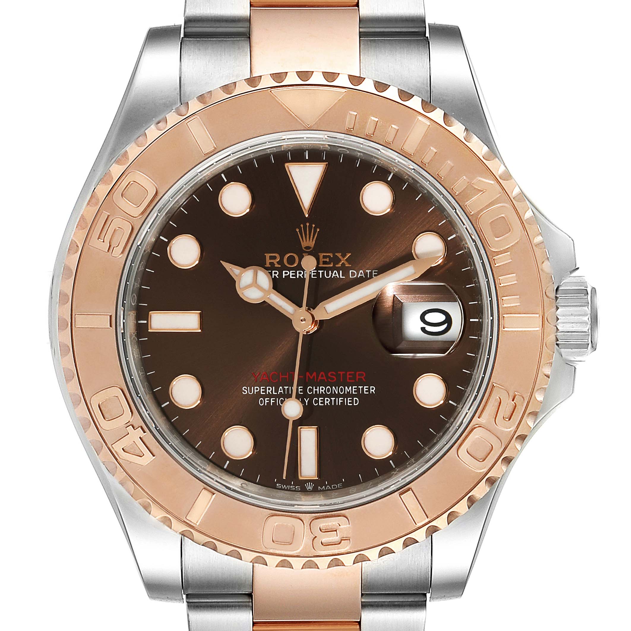 This is a front view of the Rolex Yacht-Master 126621 Men's Stainless Steel Brown Dial 126621 Men's Stainless Steel Brown Dial watch showing the face, hands, bezel, and part of the bracelet.