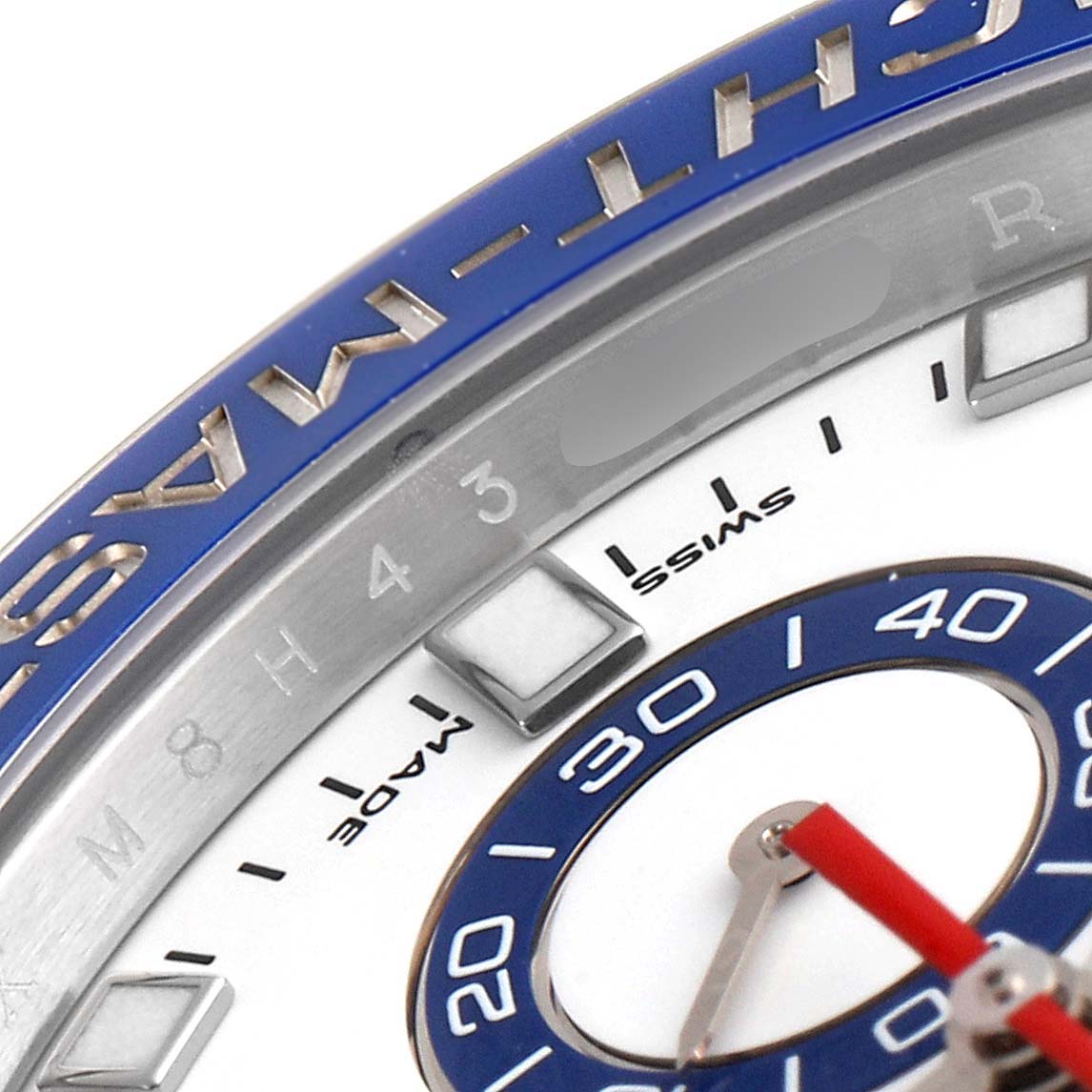 This close-up shows the bezel and part of the dial of the Rolex Yacht-Master 116680 Men's Stainless Steel White Dial 116680 Men's Stainless Steel White Dial watch.