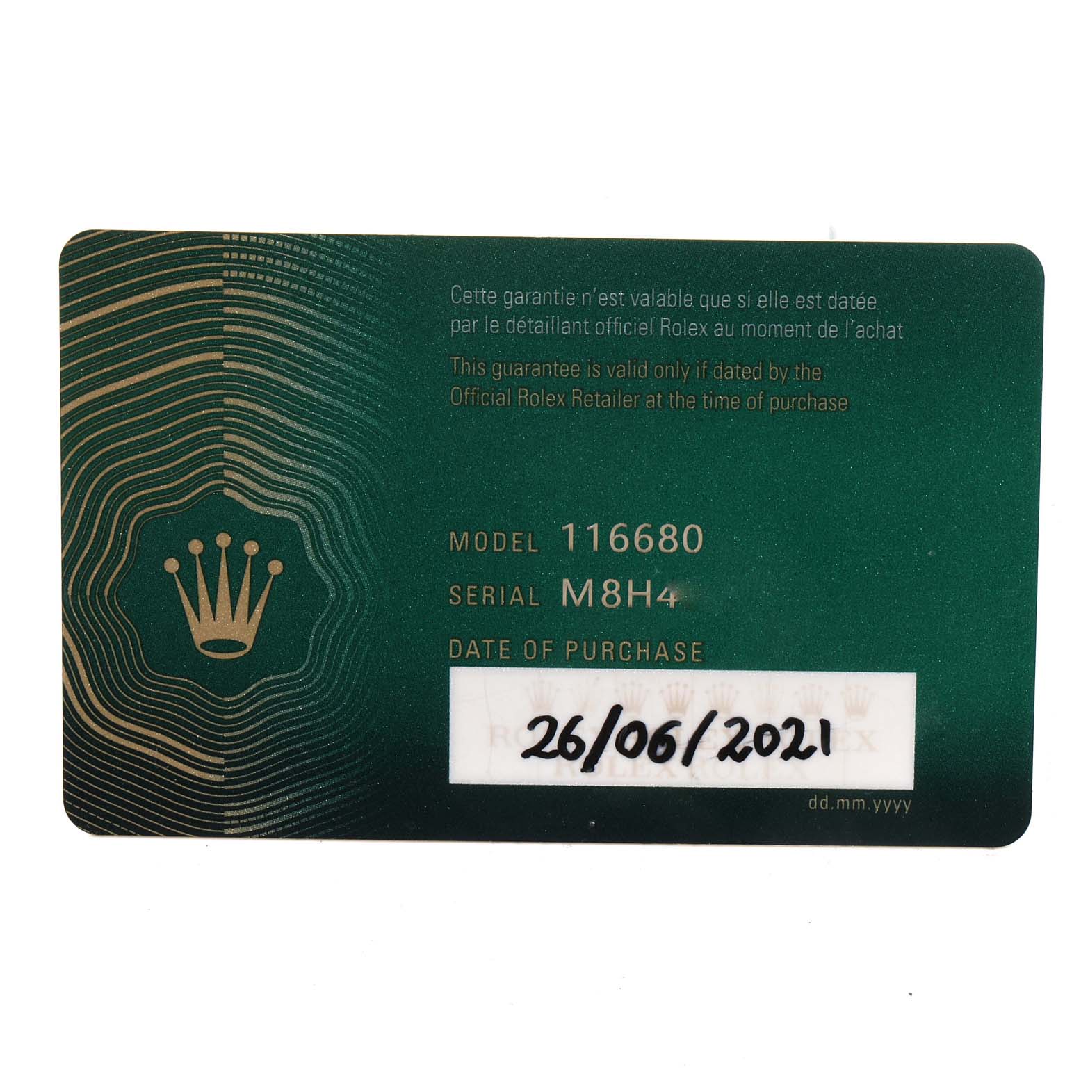 This image shows a warranty card for a Rolex Yacht-Master 116680 Men's Stainless Steel White Dial 116680 Men's Stainless Steel White Dial watch, model 116680, with serial number M8H4 and a purchase date of 26/06/2021.