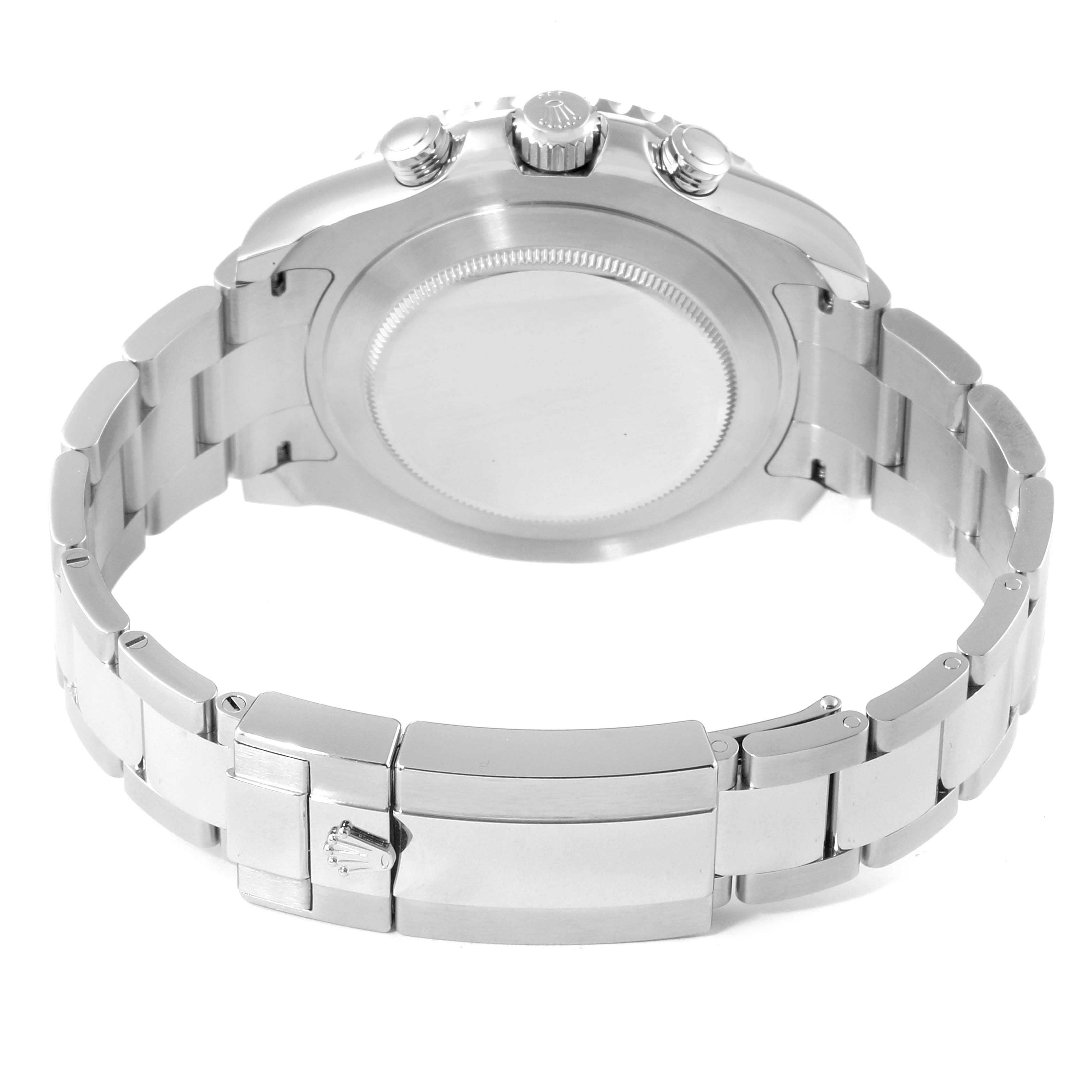 This image shows the back view of the Rolex Yacht-Master 116680 Men's Stainless Steel White Dial 116680 Men's Stainless Steel White Dial watch, highlighting the bracelet and clasp.