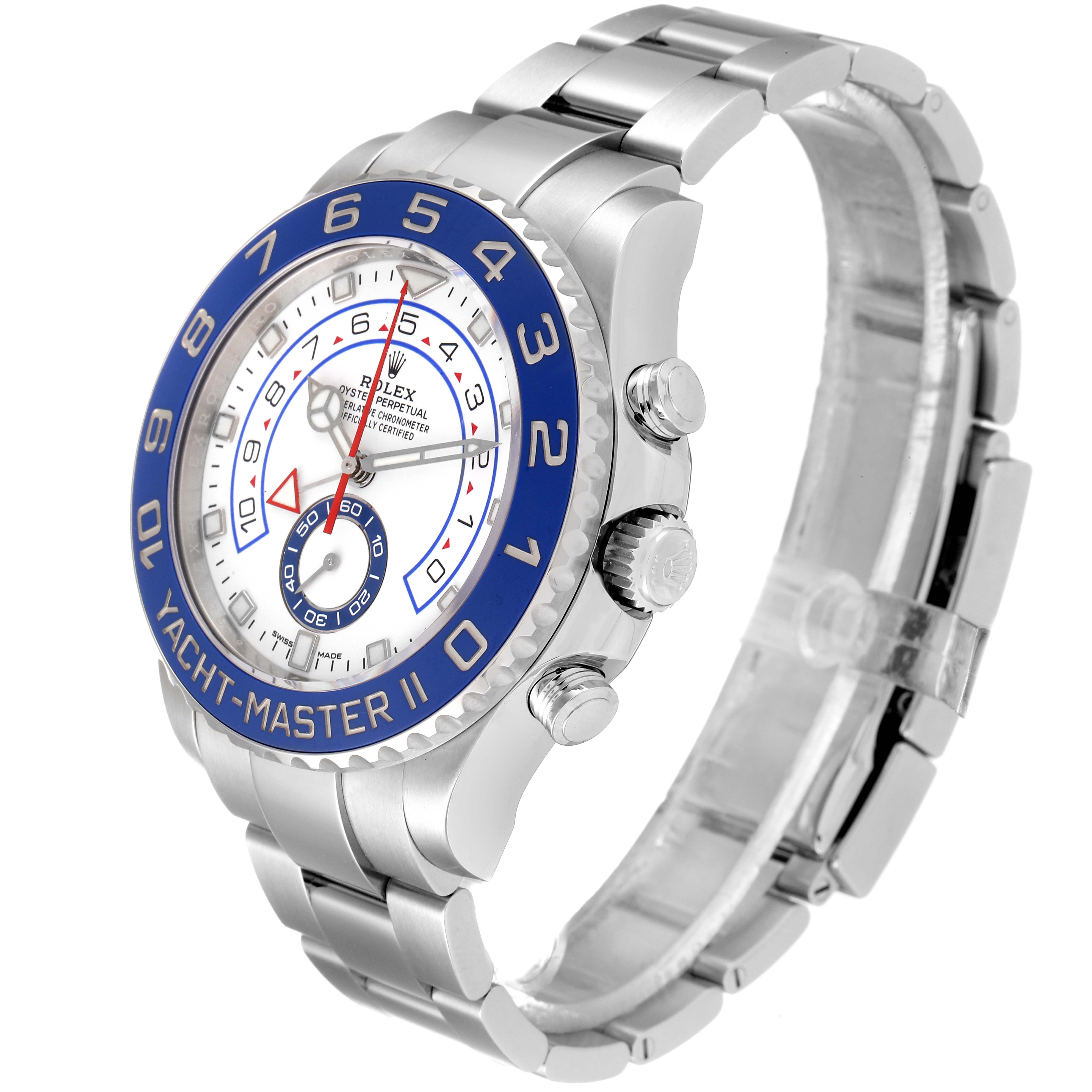 The Rolex Yacht-Master 116680 Men's Stainless Steel White Dial 116680 Men's Stainless Steel White Dial II watch is shown at a three-quarter angle, displaying the watch face, bezel, crown, and bracelet.