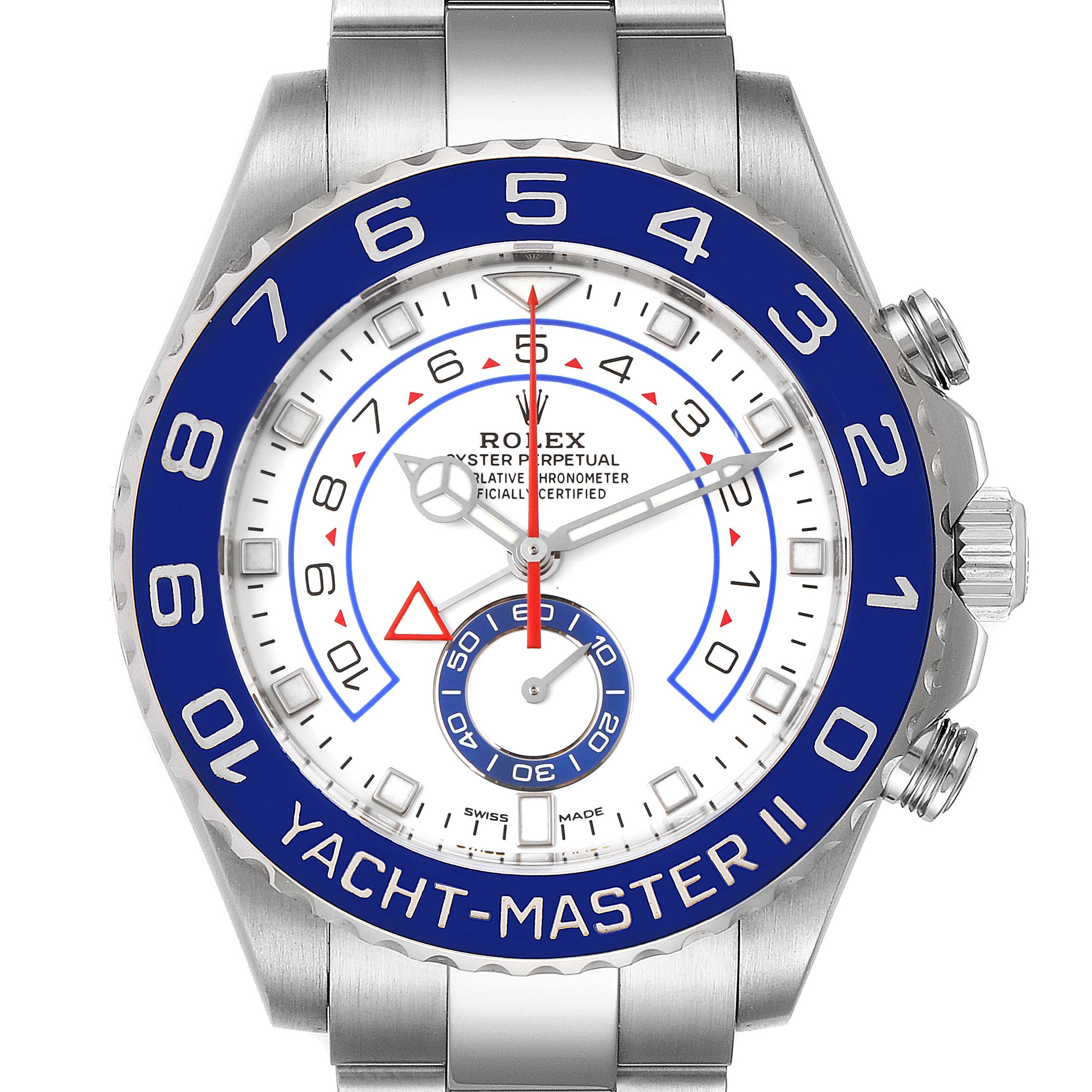 The image shows a front view of the Rolex Yacht-Master 116680 Men's Stainless Steel White Dial 116680 Men's Stainless Steel White Dial II, featuring its face, bezel, and part of the bracelet.