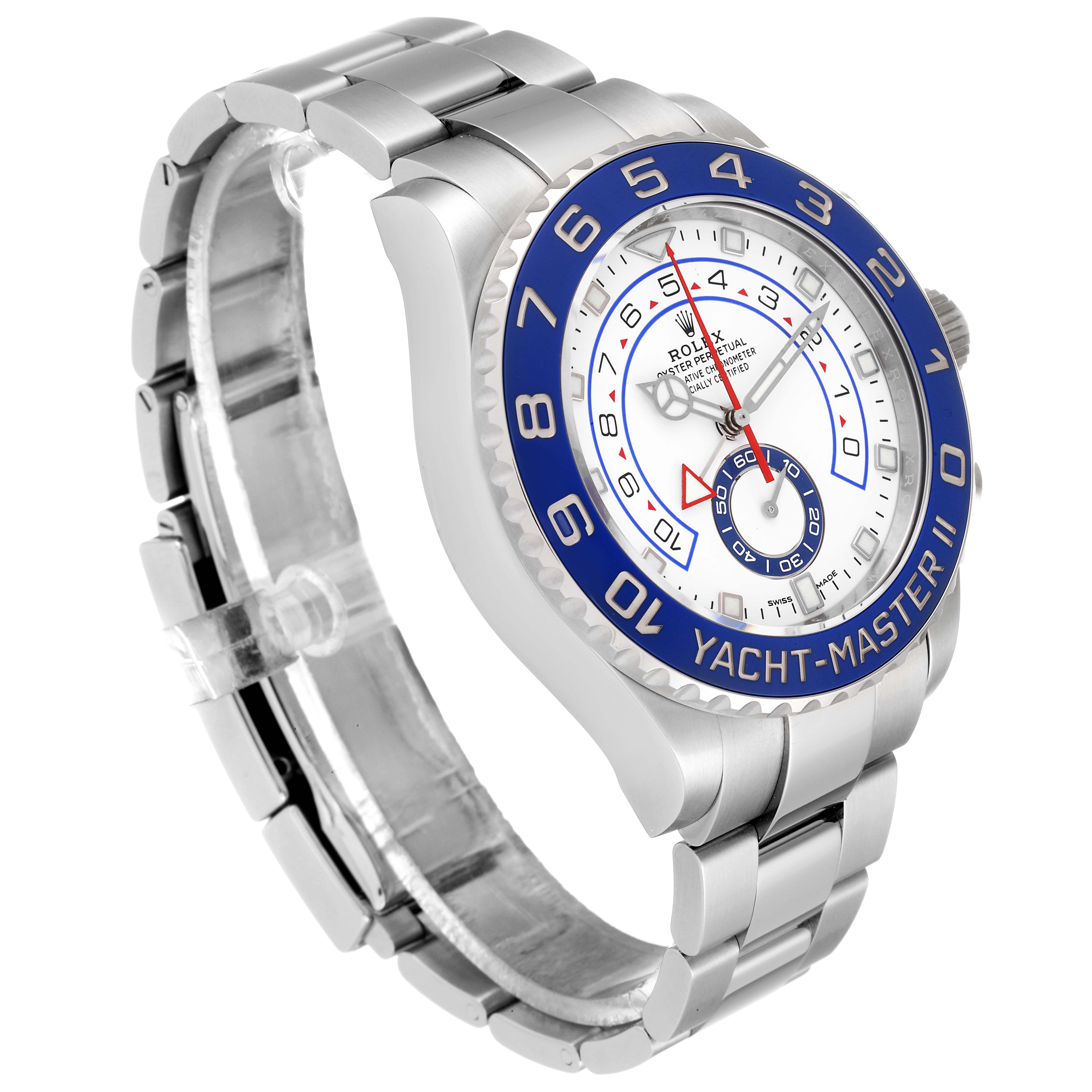 The image shows a Rolex Yacht-Master 116680 Men's Stainless Steel White Dial 116680 Men's Stainless Steel White Dial watch at a three-quarter angle, highlighting its bezel, dial, and bracelet.