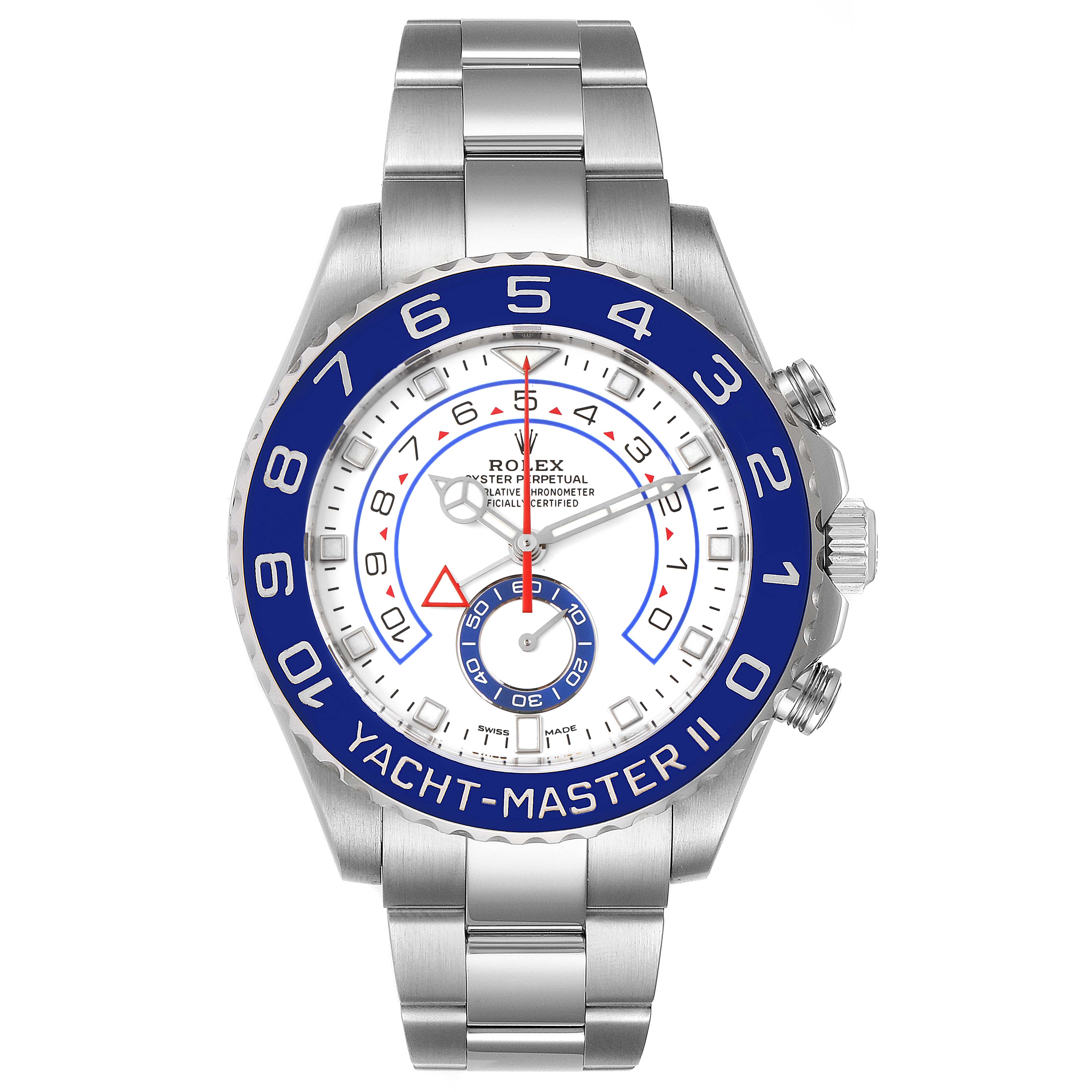 This Rolex Yacht-Master 116680 Men's Stainless Steel White Dial 116680 Men's Stainless Steel White Dial watch is shown from the front, displaying the dial, bezel, crown, and bracelet.
