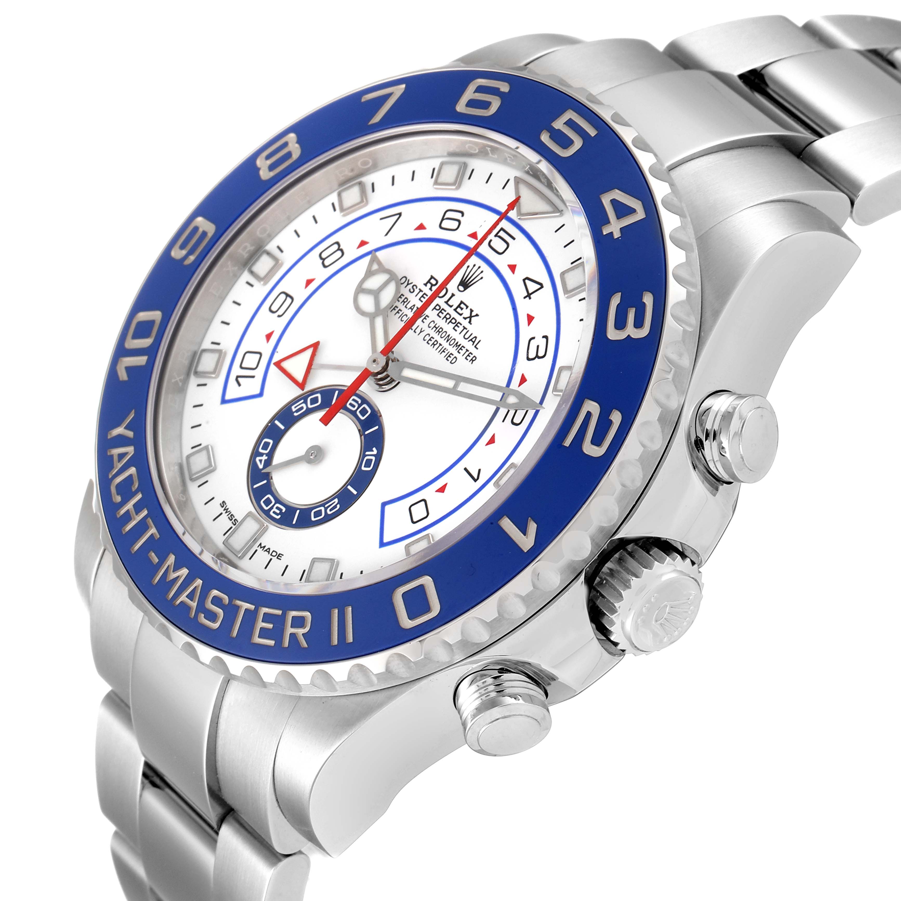 The image shows a close-up, side-angle view of the Rolex Yacht-Master 116680 Men's Stainless Steel White Dial 116680 Men's Stainless Steel White Dial II watch, highlighting its dial, bezel, and crown.