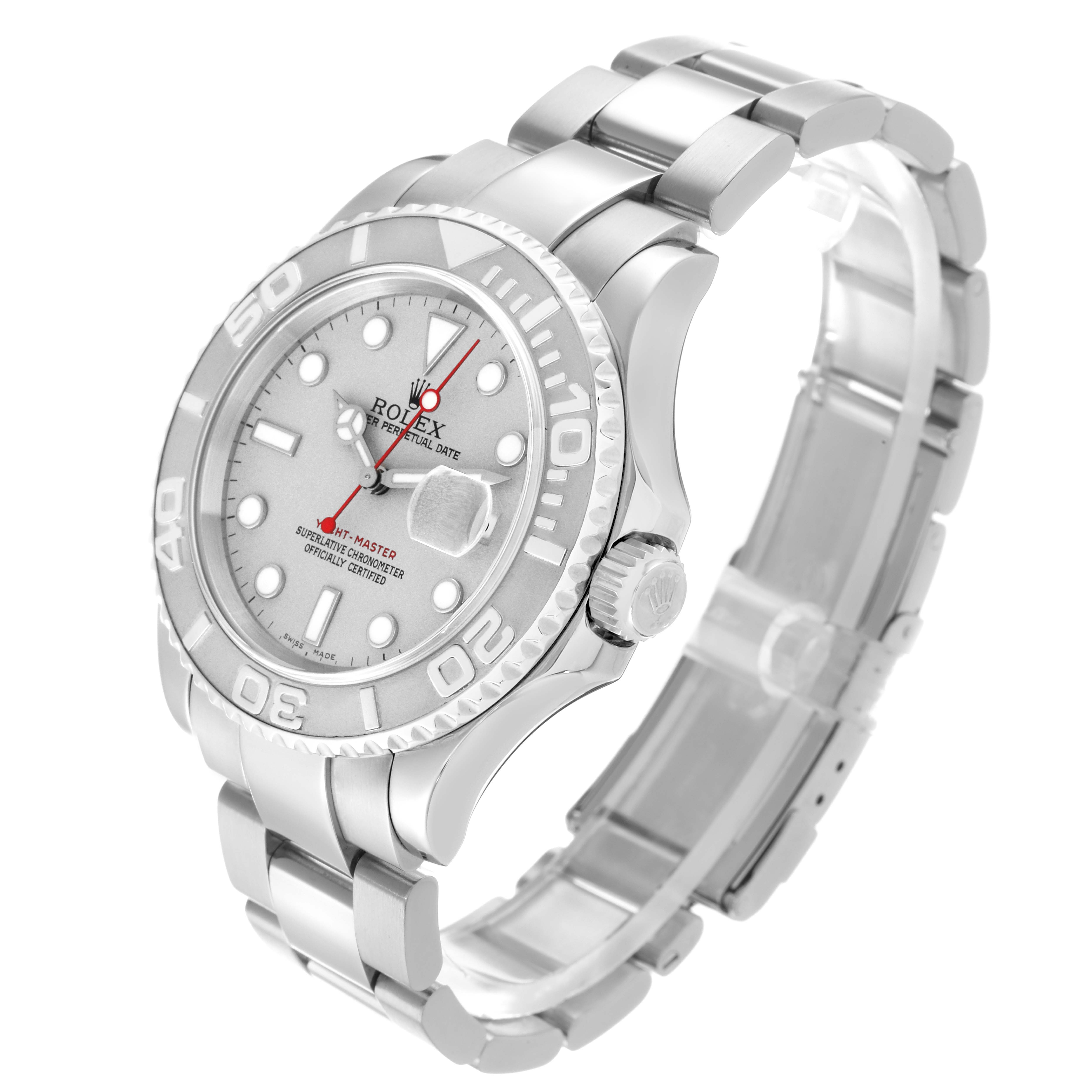 The Rolex Yacht-Master 16622 Men
s Stainless Steel Silver Dial watch is shown at a three-quarter angle, displaying the face, bezel, crown, and bracelet.