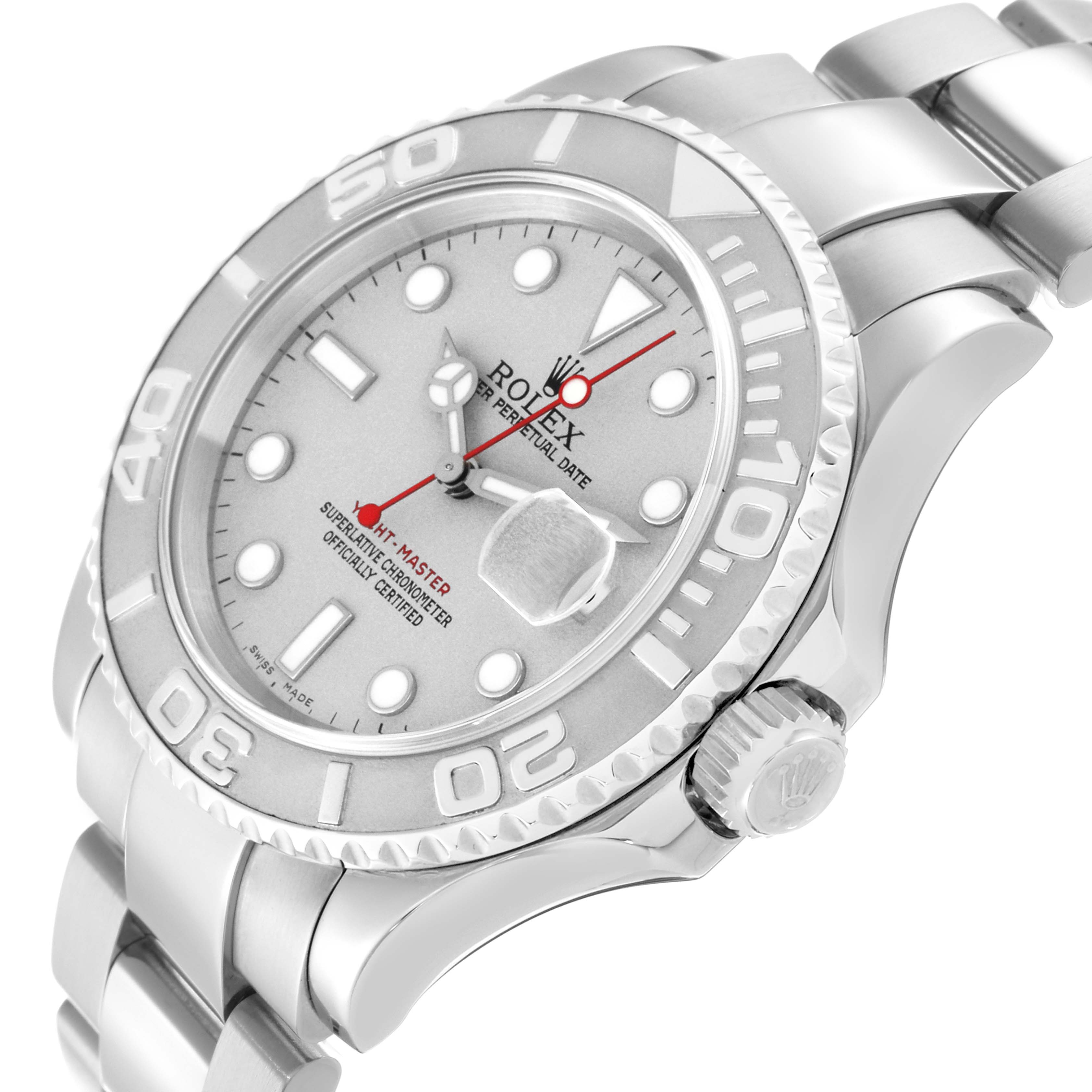 The Rolex Yacht-Master 16622 Men
s Stainless Steel Silver Dial watch is shown at a three-quarter angle, displaying the dial, bracelet, bezel, and crown.