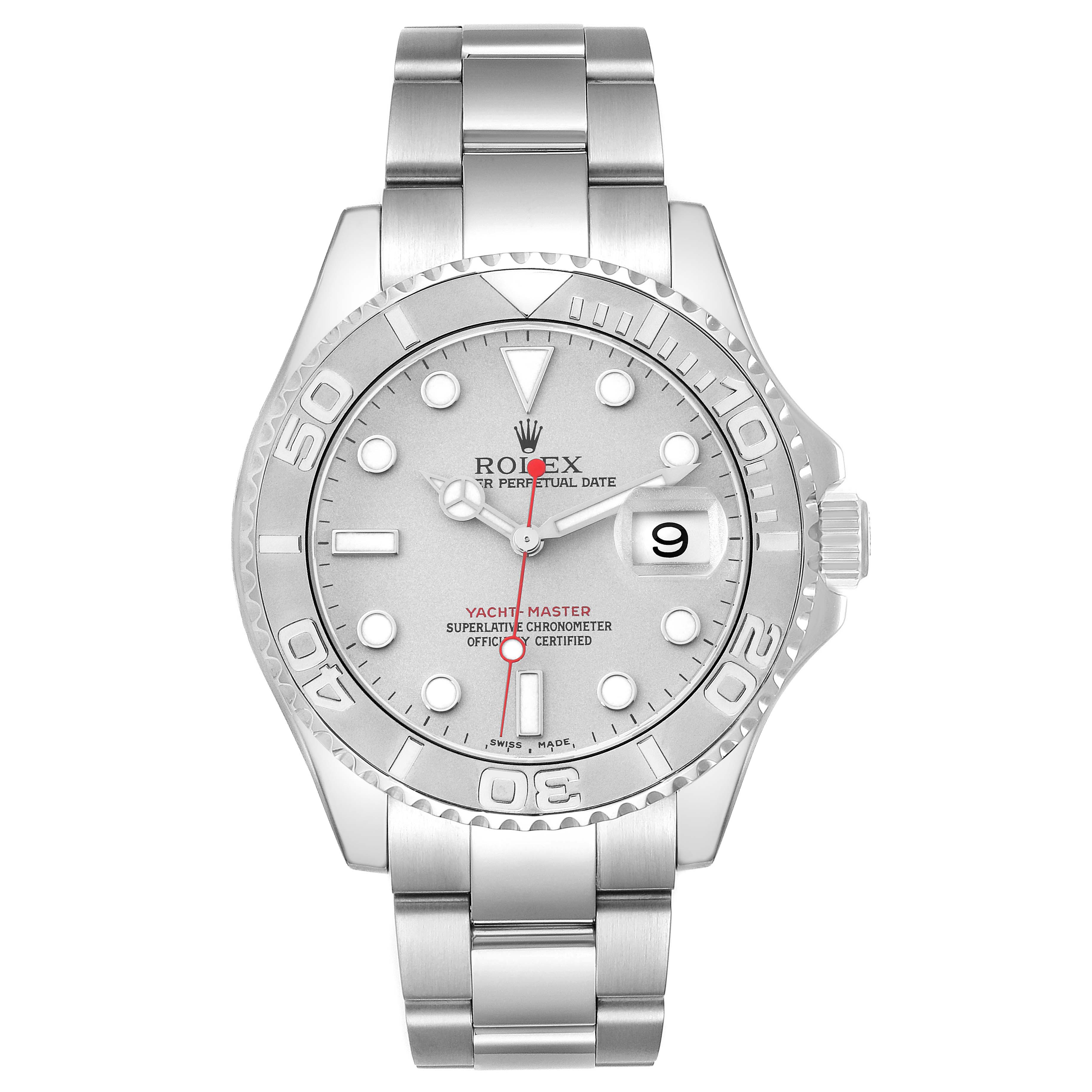 The Rolex Yacht-Master 16622 Men
s Stainless Steel Silver Dial watch is shown from the front, displaying the dial, bezel, bracelet, and crown.