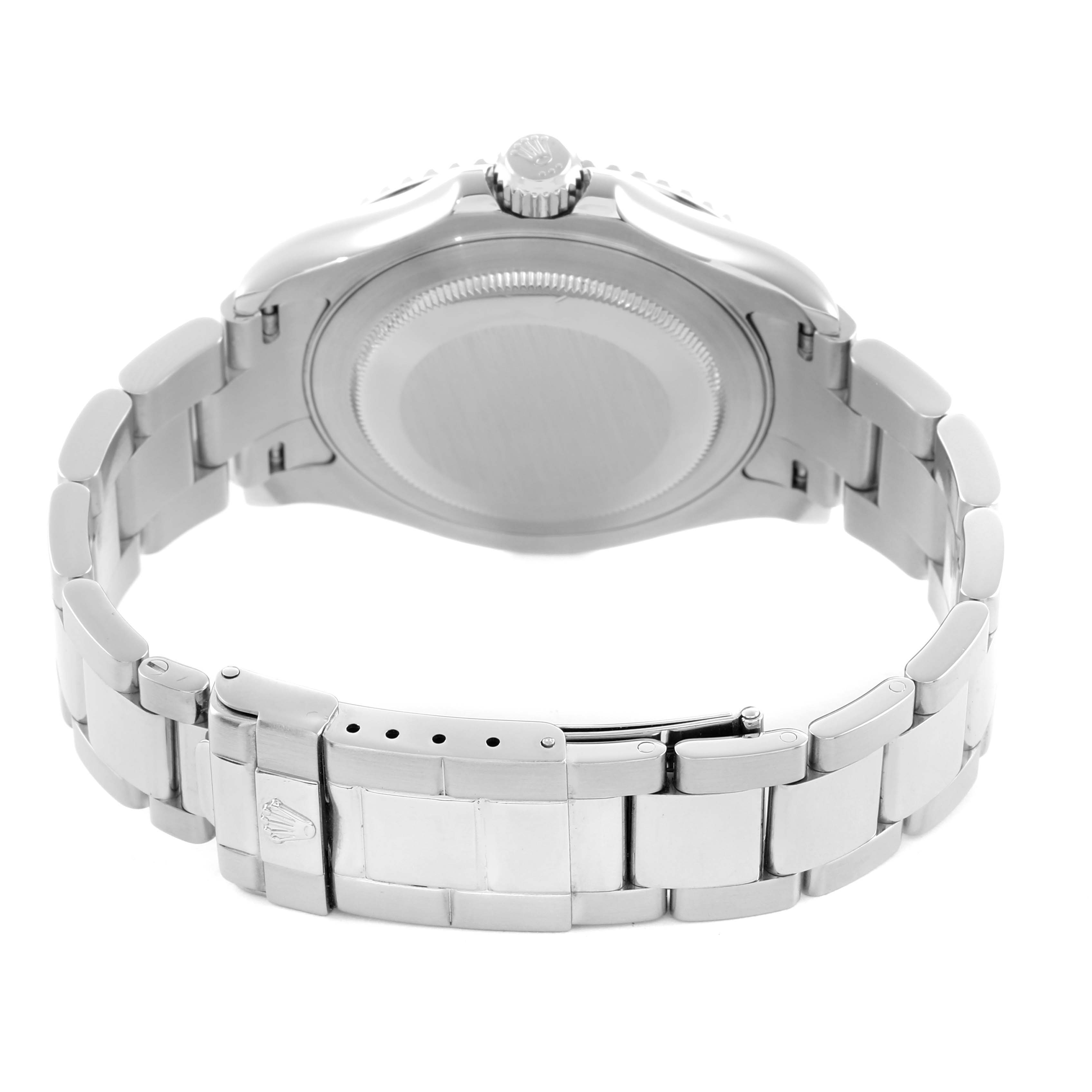The image shows the back case and clasp of a Rolex Yacht-Master 16622 Men
s Stainless Steel Silver Dial watch from a rear angle.