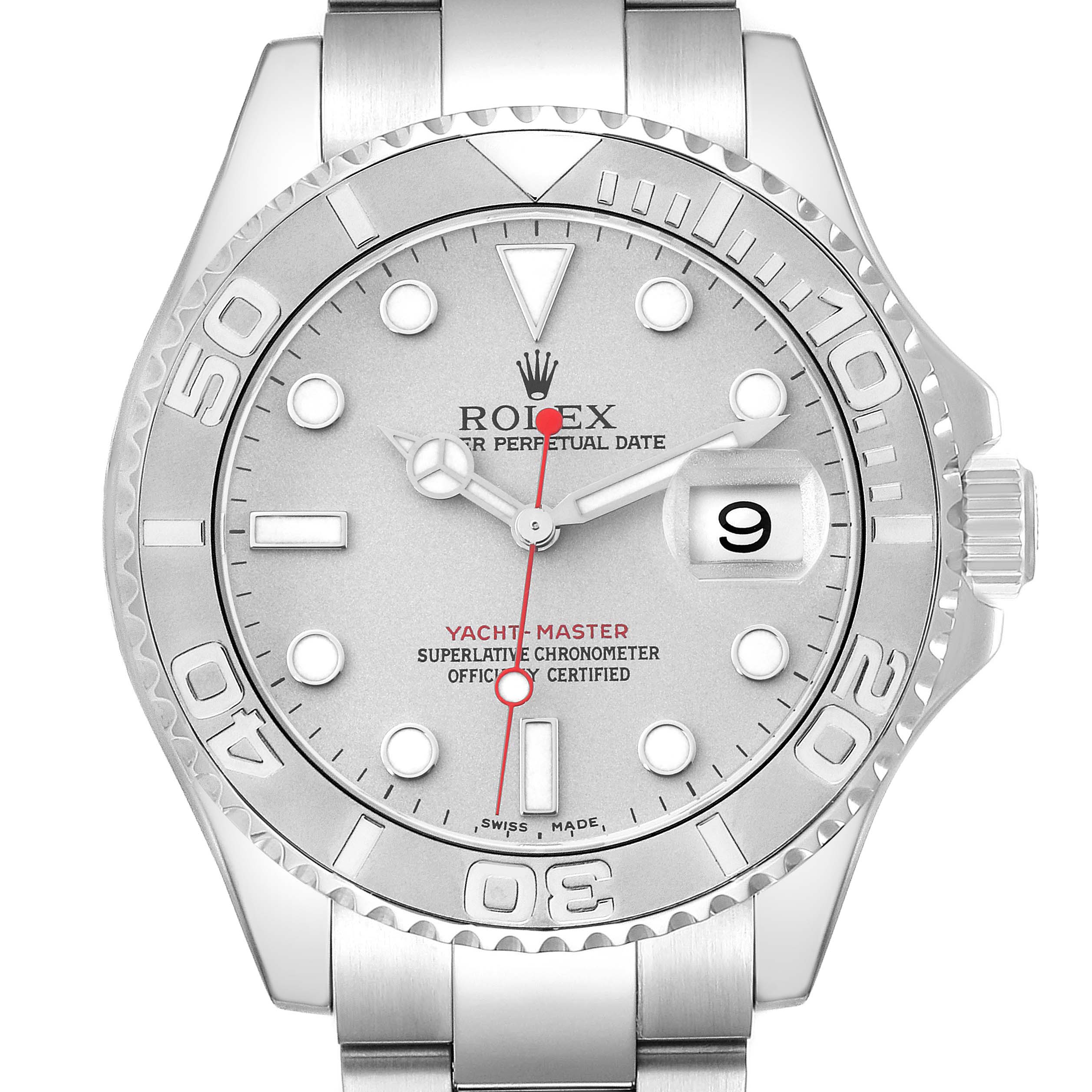The Rolex Yacht-Master 16622 Men
s Stainless Steel Silver Dial watch is shown from a front angle, highlighting the dial, bezel, and bracelet.