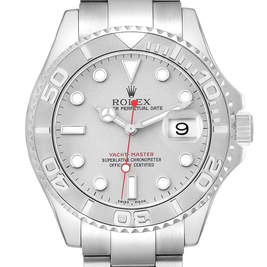 The Rolex Yacht-Master 16622 Men's Stainless Steel Silver Dial watch is shown from a front angle, highlighting the dial, bezel, and bracelet.