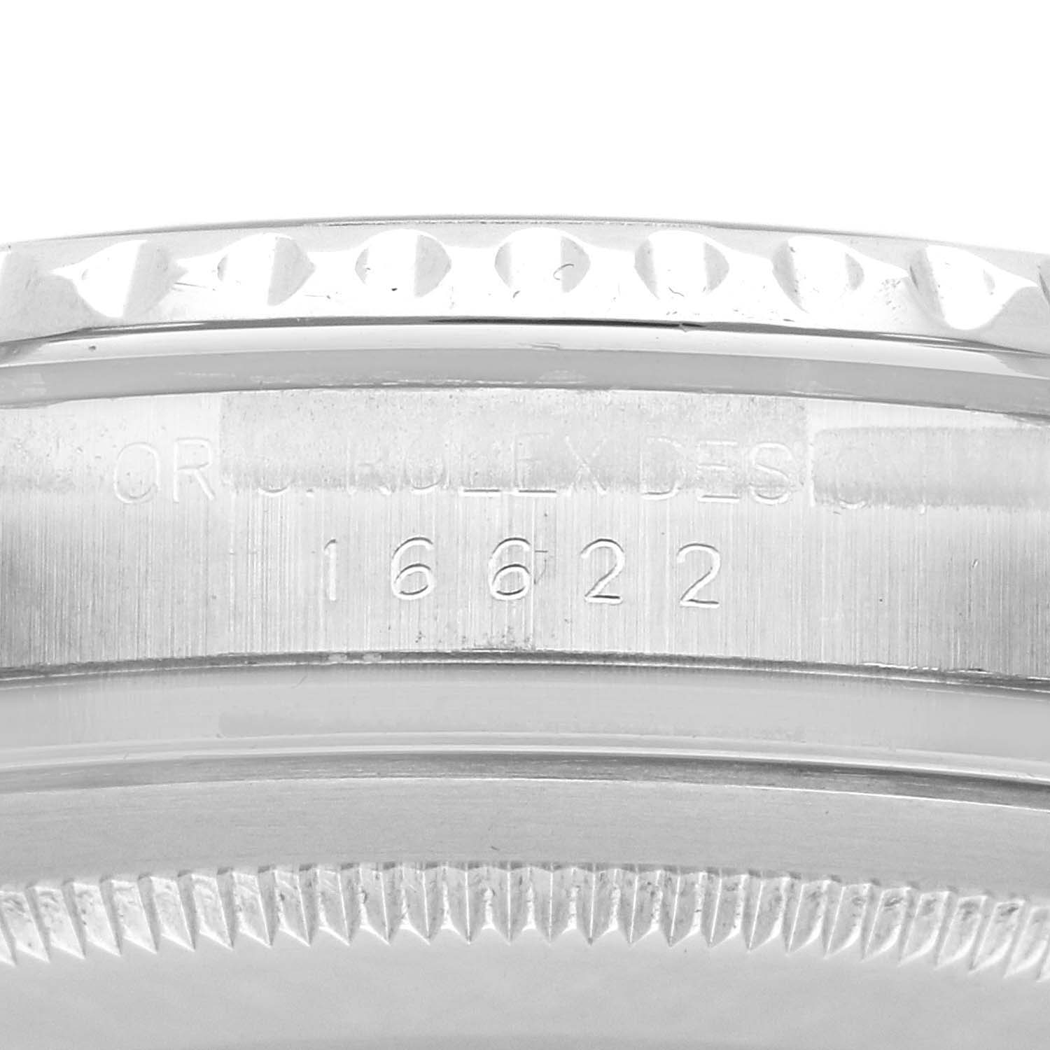 The image shows the side of the Rolex Yacht-Master 16622 Men
s Stainless Steel Silver Dial watch, focusing on the engraved model number "16622" and the bezel edge.